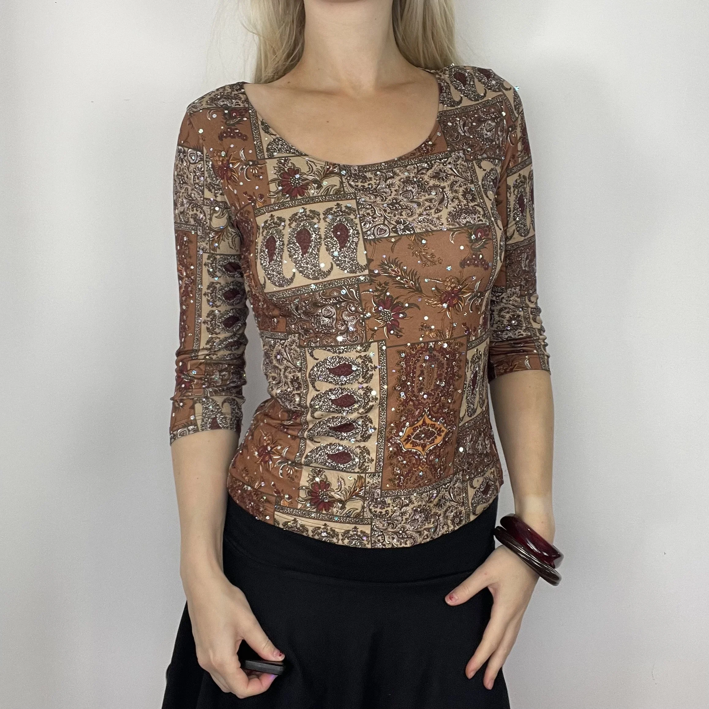S/M brown town red embellished sequin sparkly paisley print graphic pattern abstract boho three-quarter length sleeve blouse