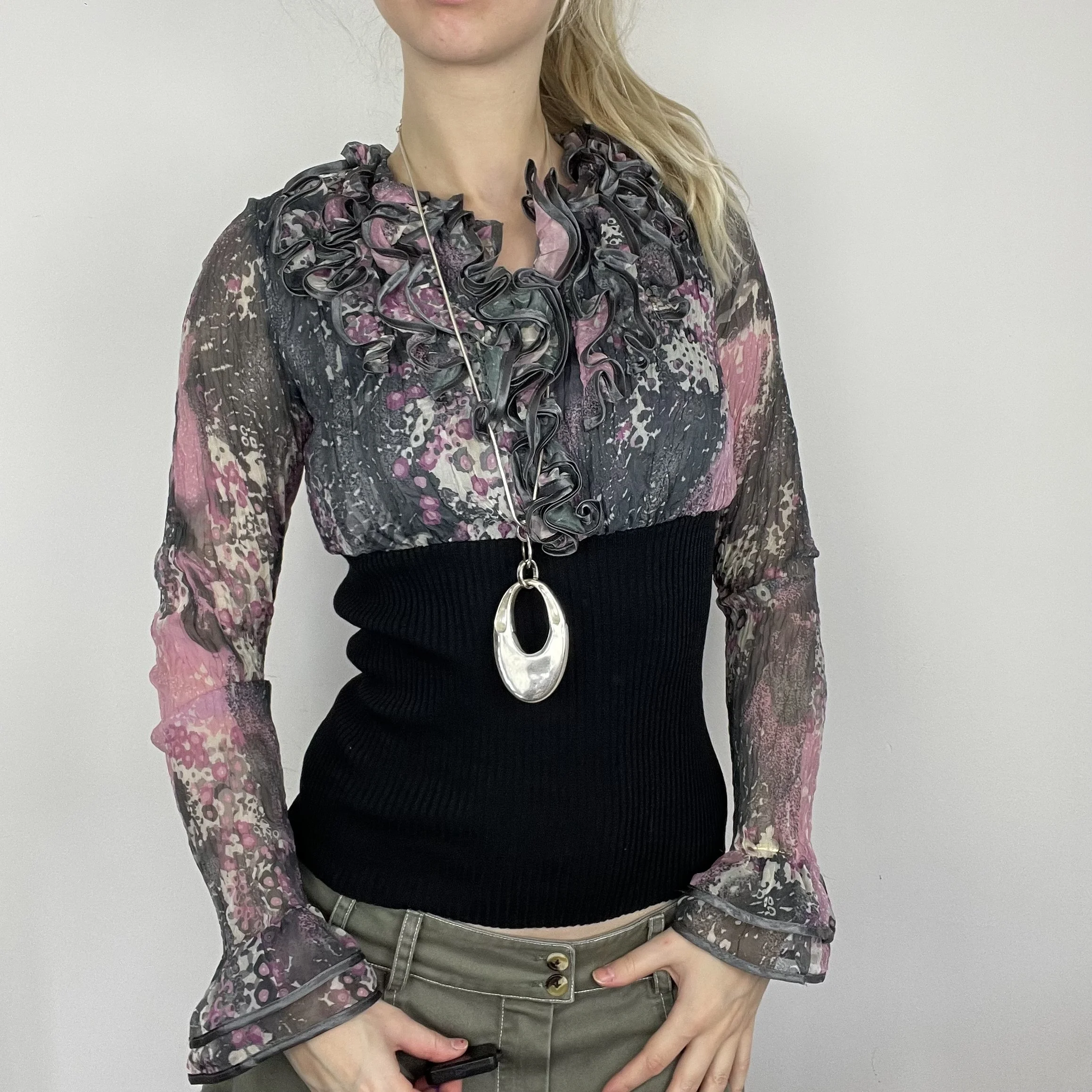 M black purple grey graphic abstract print pattern ruffle frilly long sleeve shirt