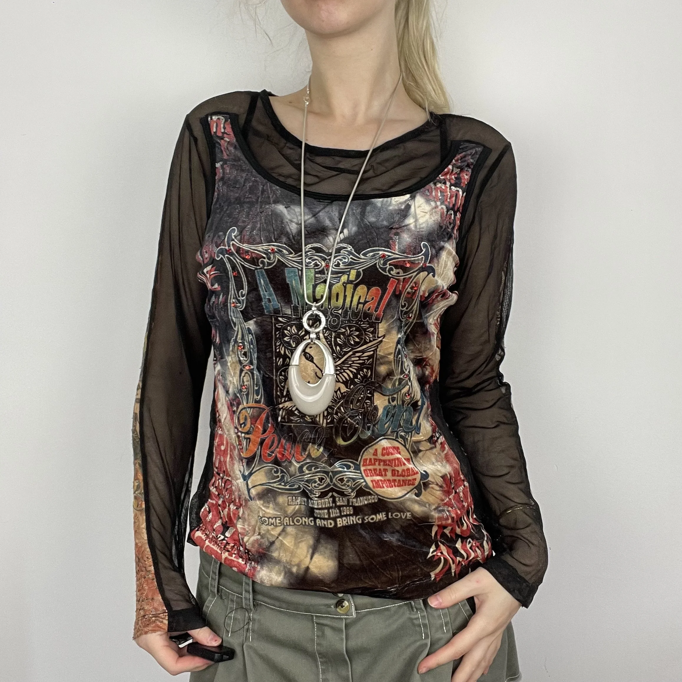 L black orange colourful long sleeve mesh sheer velour velvet abstract graphic print patterned 90s grunge blouse