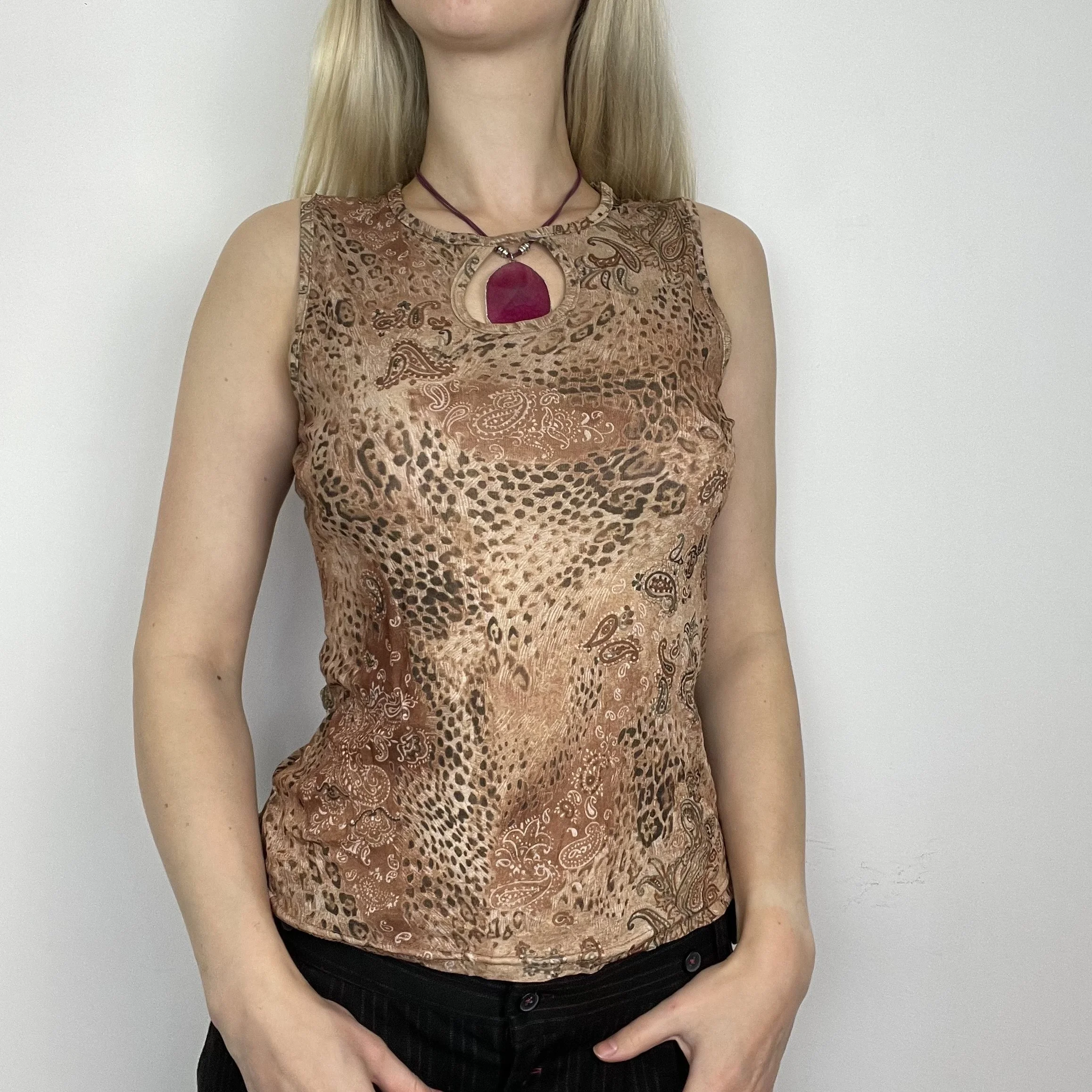 M/L orange beige brown animal leopard print pattern sleeveless high neck mesh tank