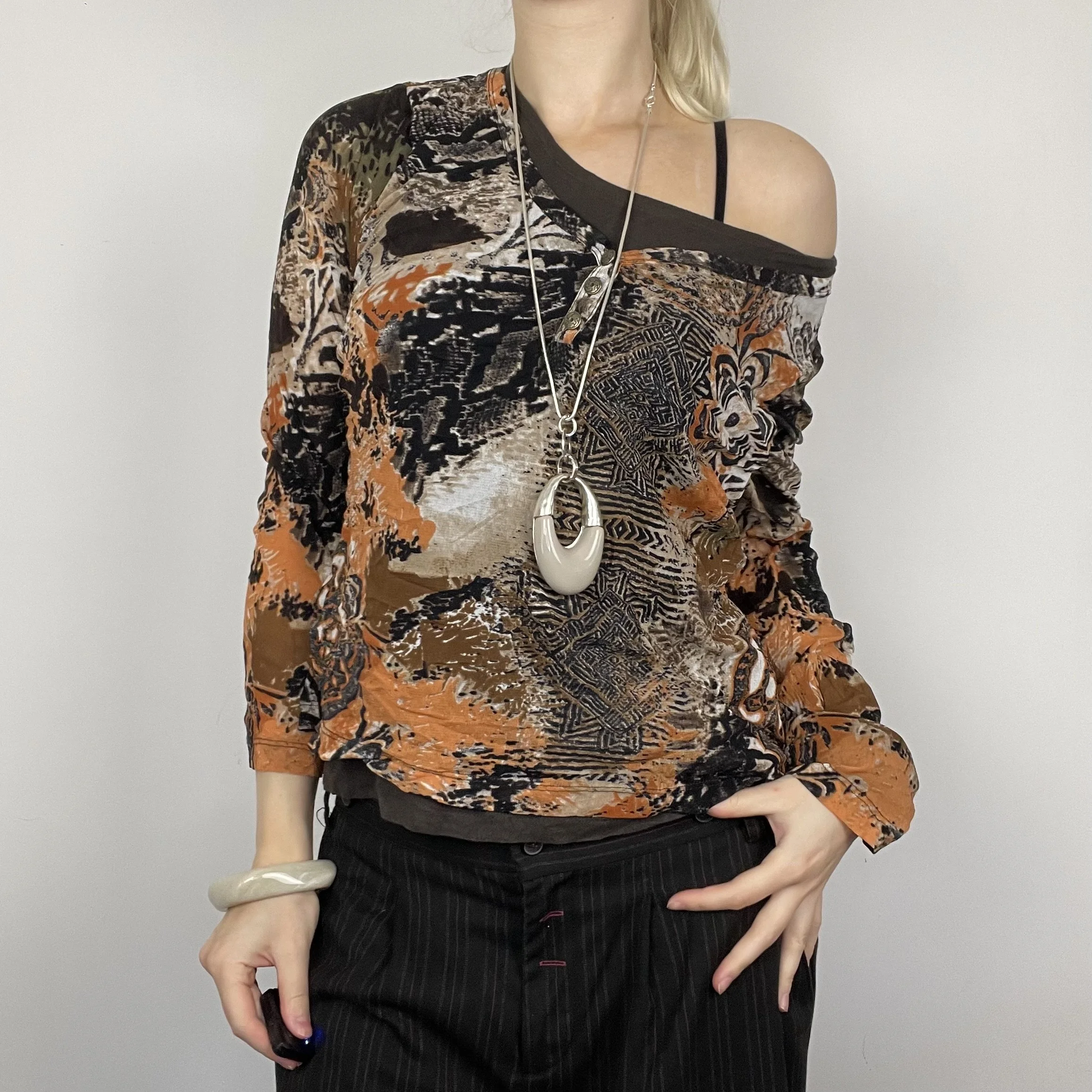 XL Brown orange long sleeve asymmetrical mesh sheer button up abstract graphic print pattern blouse