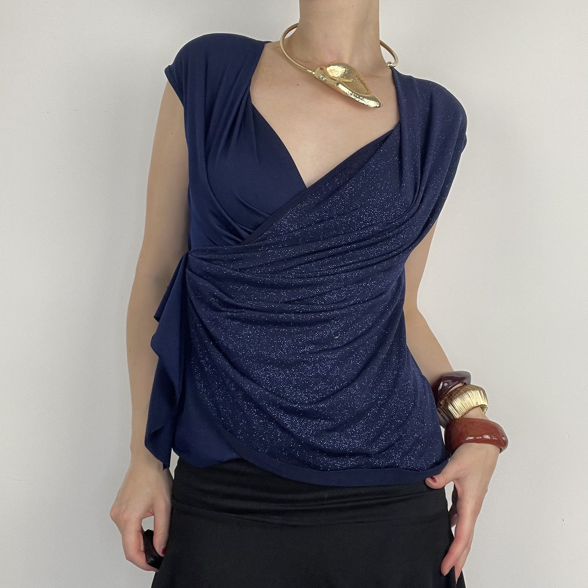 L navy Royal blue sparkly embellished Sweetheart neck line short sleeve tie up wrap asymmetric patterned blouse