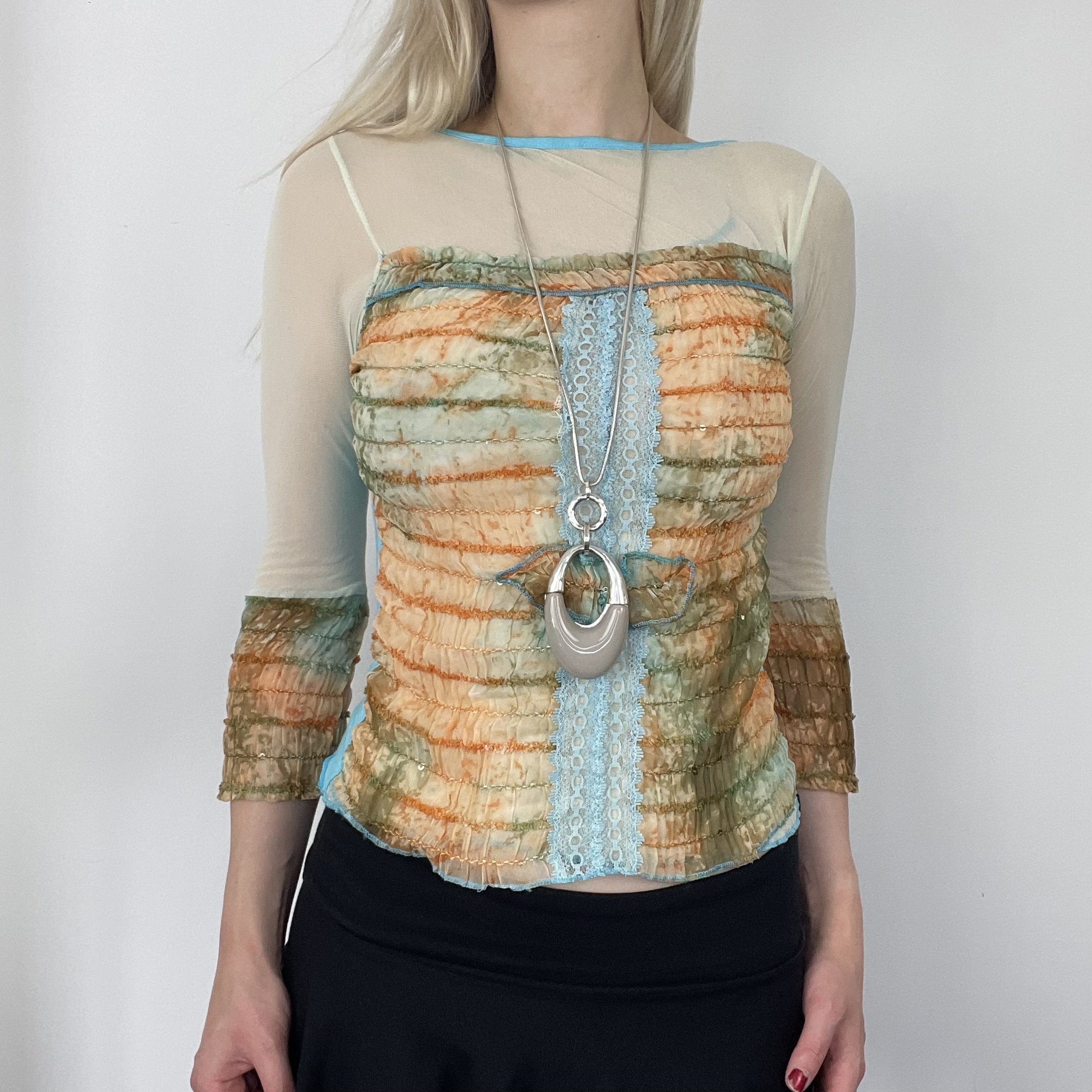 XS blue orange colourful 3/4 sleeve mesh sheer ruched embellished textured abstract graphic print lace patterned blouse