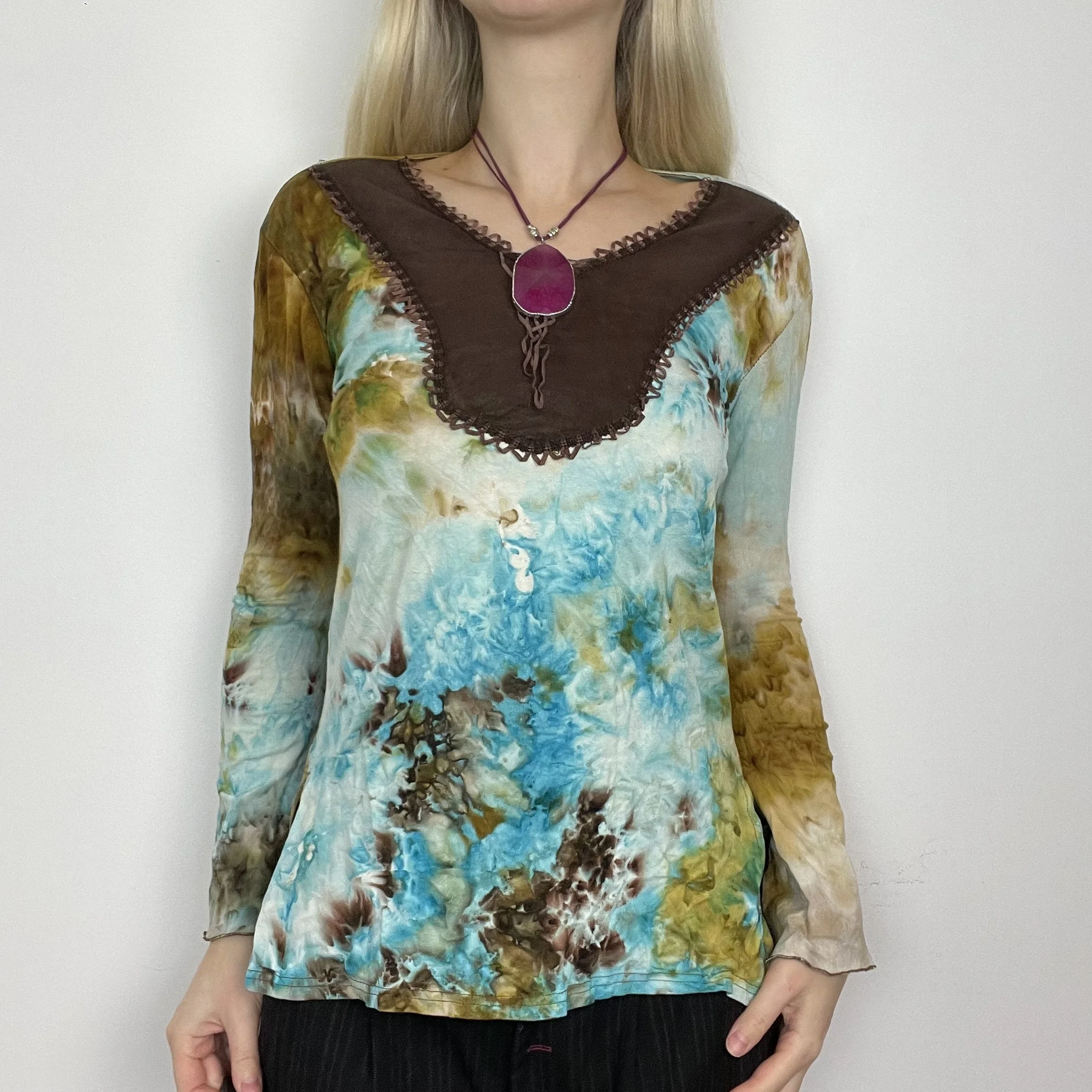 L brown blue green tie dye abstract graphic print pattern long sleeve mesh lace trim paisley blouse