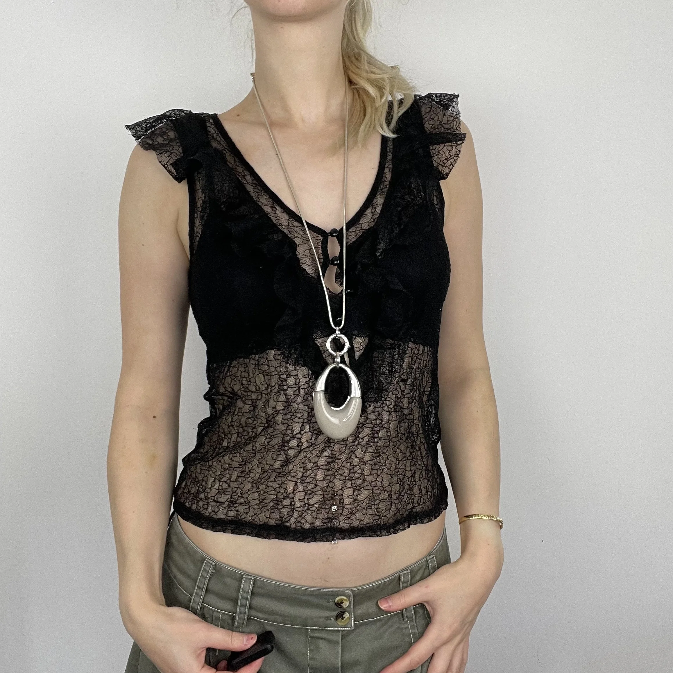 L black elegant lace frilly ruffle sleeveless detailed button up mesh sheer cami blouse top