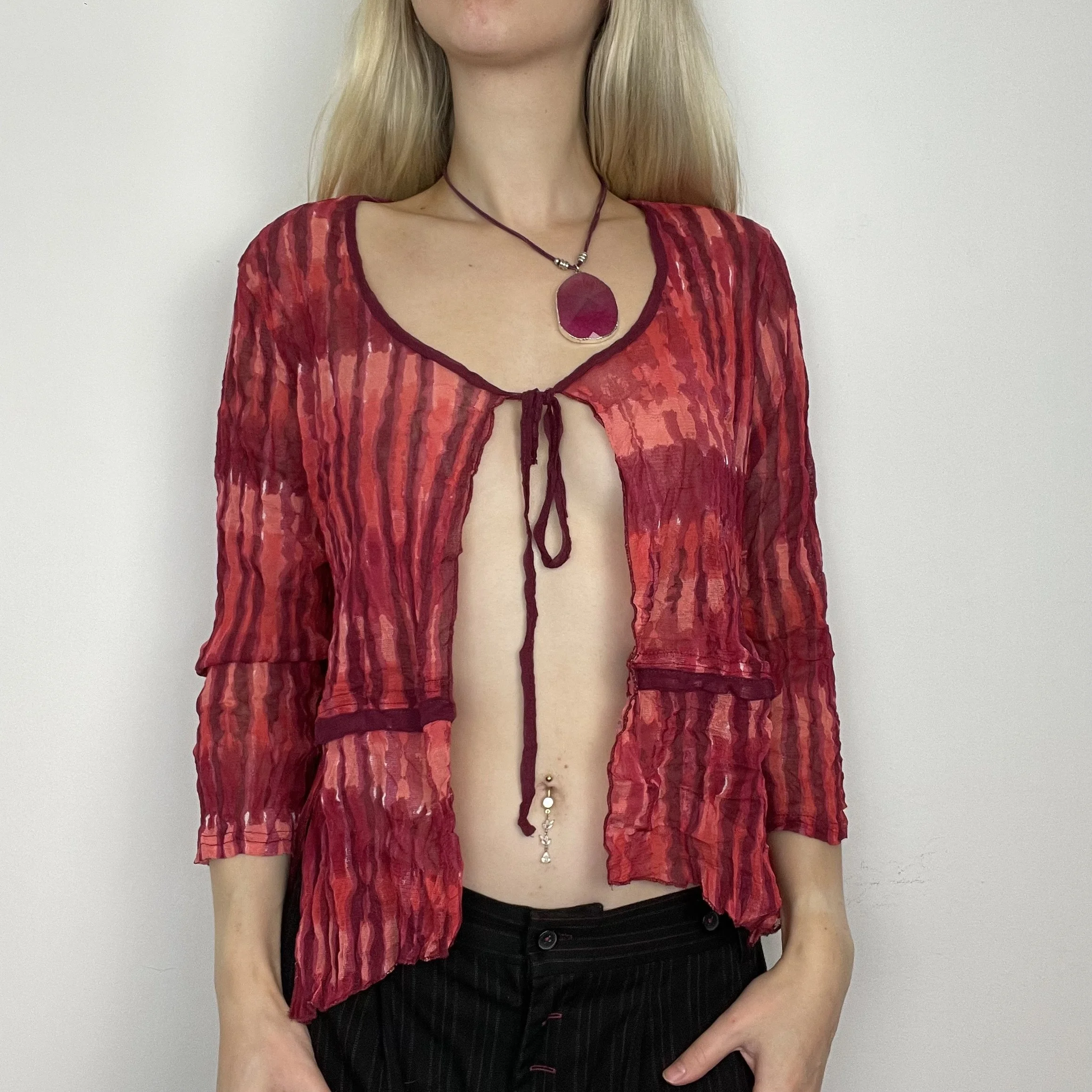 L red pink tie up graphic tie dye abstract print patterned mesh sheer cardigan