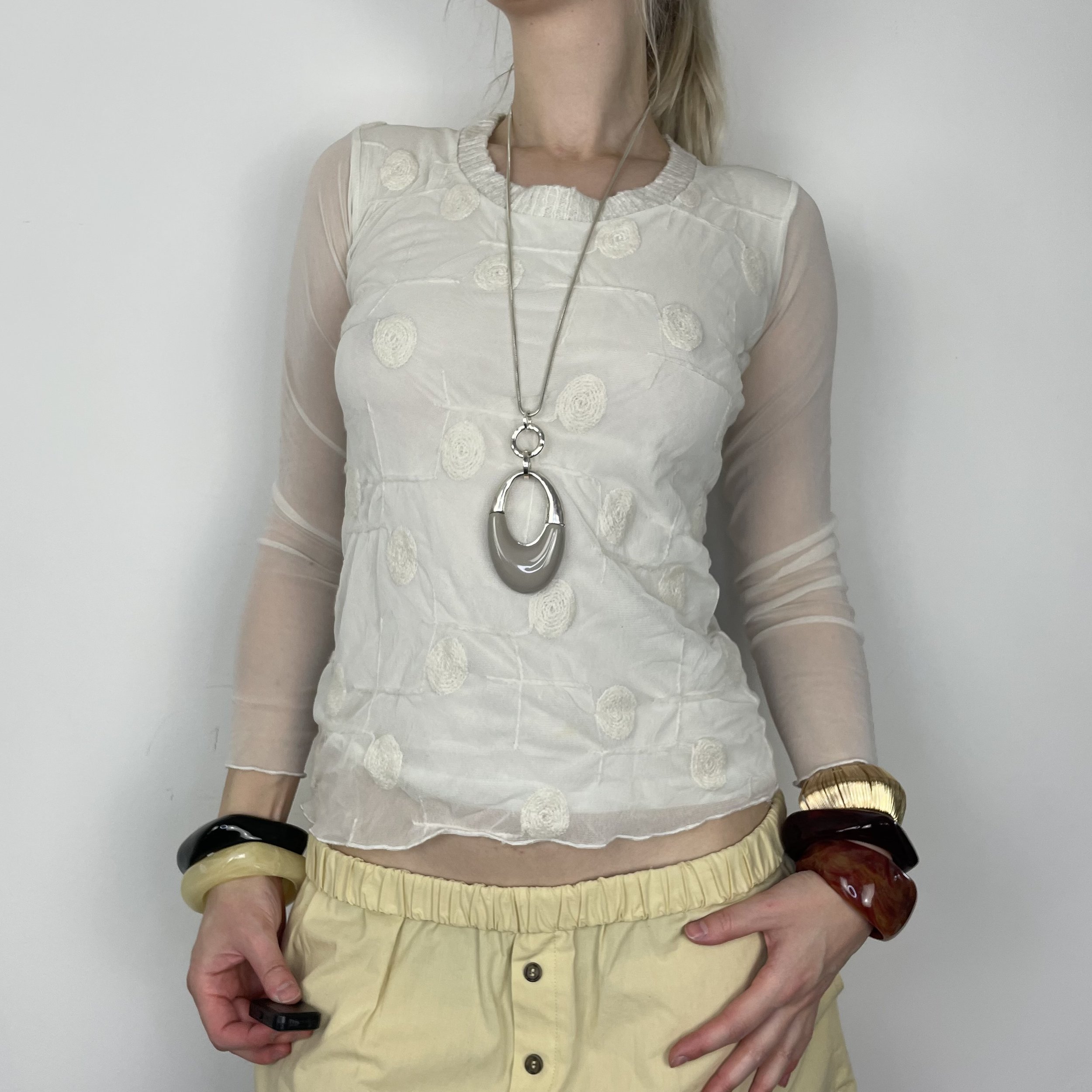 M white cream long sleeve mesh sheer double lined embellished flower floral textured patterned blouse