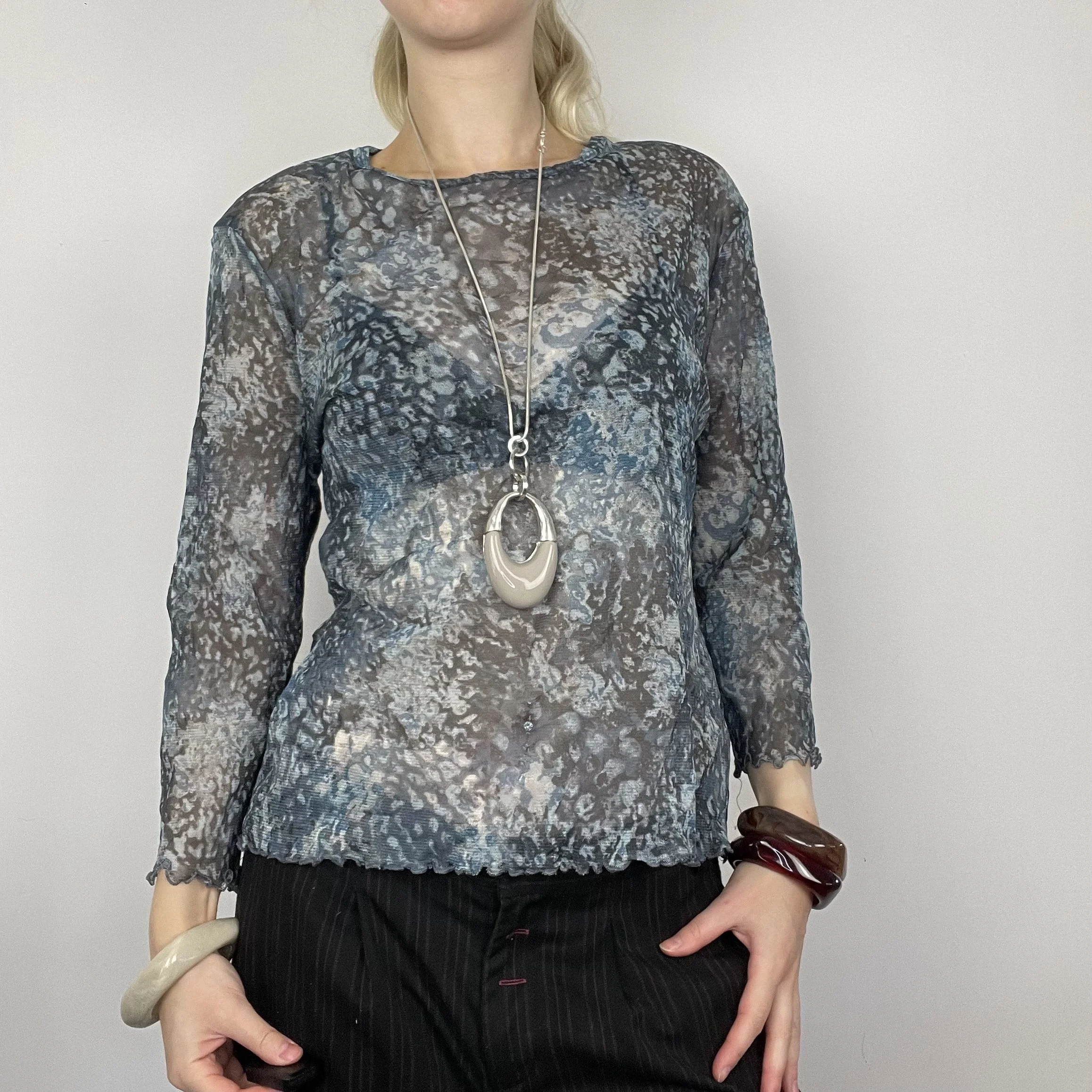 L blue grey mesh sheer long sleeve abstract graphic print pattern fairy core blouse