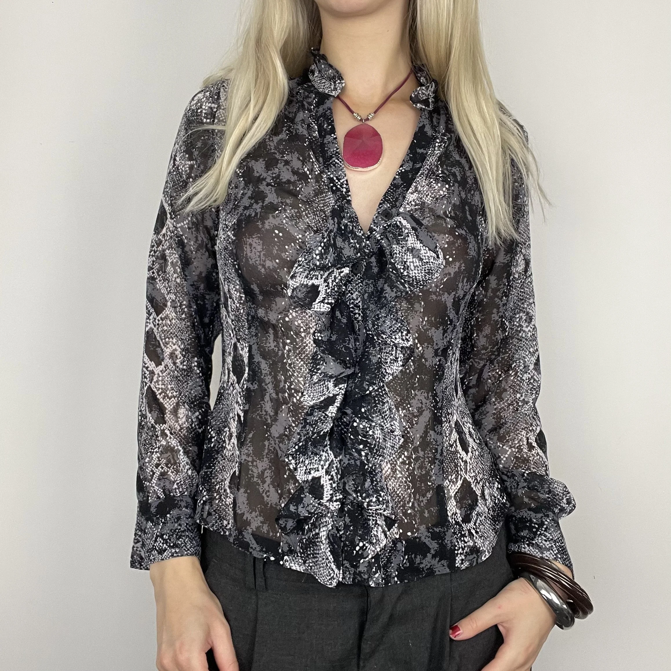 M black and white mesh sheer snake skin animal graphic print patterned long sleeve button up frilly ruffle blouse