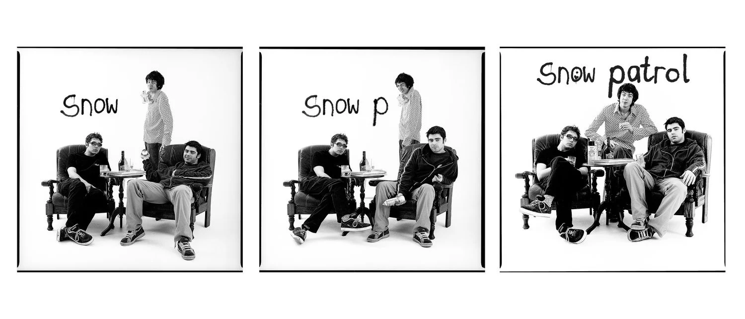 Three black-and-white photographs showing three young men sitting and standing around a table with drinks, with the words 'Snow' and 'Snow p' and 'Snow patrol' written above each photo.