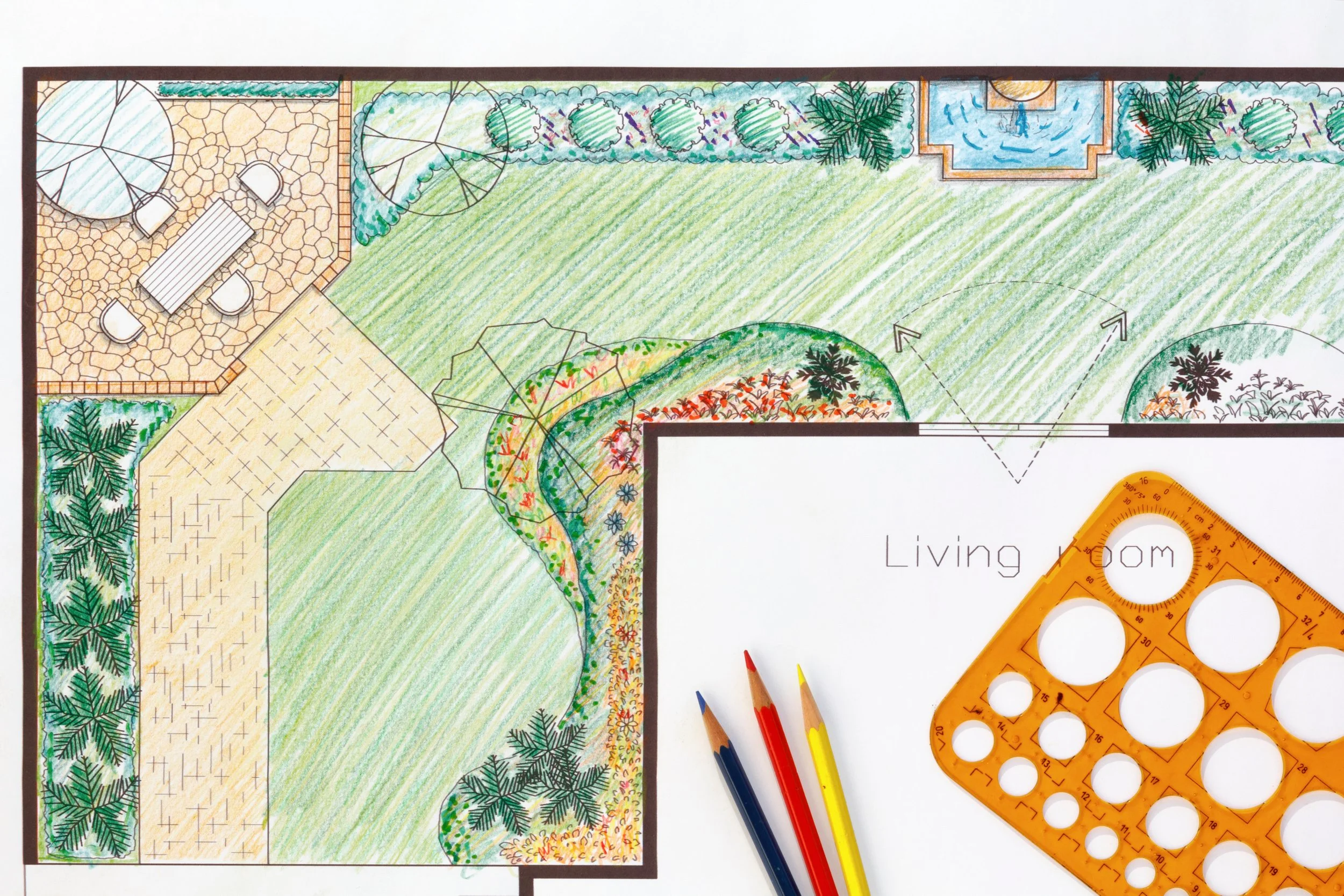 Colorful landscape design or plan of the backyard of a home, depicting different trees, shrubs, flowers, water features and hardscaped elements.