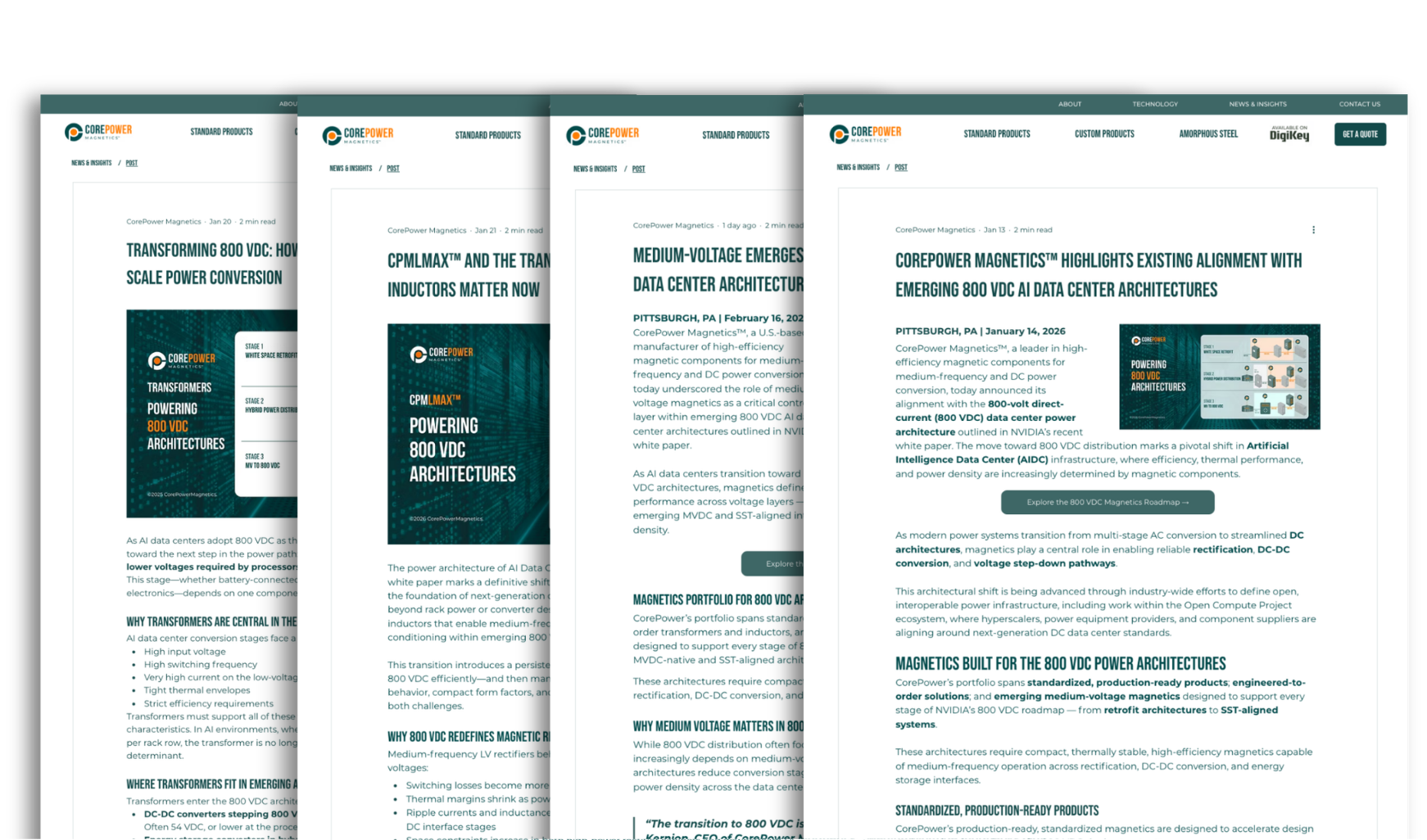 Blog posts CorePower Magnetics' 800 VDC power architectures, showing articles and product information with a teal and white theme.