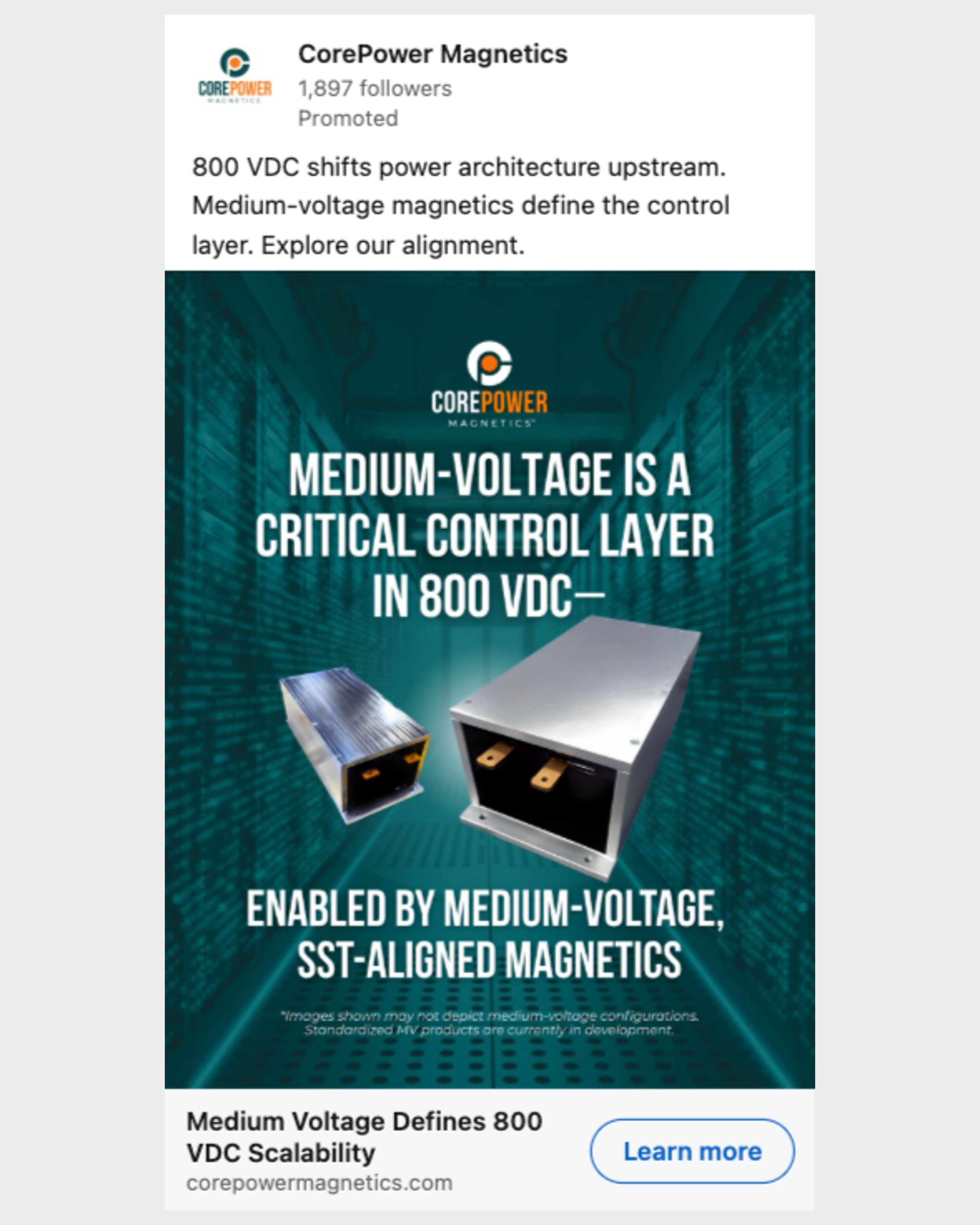 Advertisement for CorePower Magnetics highlighting medium-voltage magnetic components, featuring images of two metallic boxes, with text emphasizing medium-voltage control layers at 800 VDC.