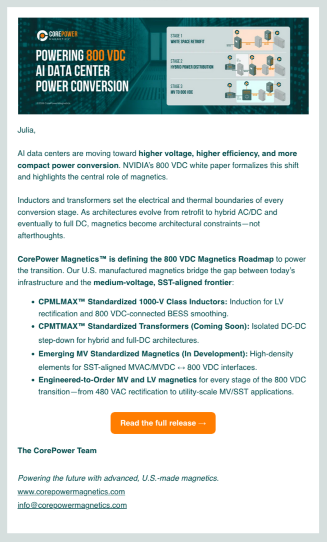 A promotional email for CorePower Magnetics highlighting their work on 800 VDC AI data center power conversion, with diagrams of the three-stage power conversion process and a call-to-action button to read the full release.