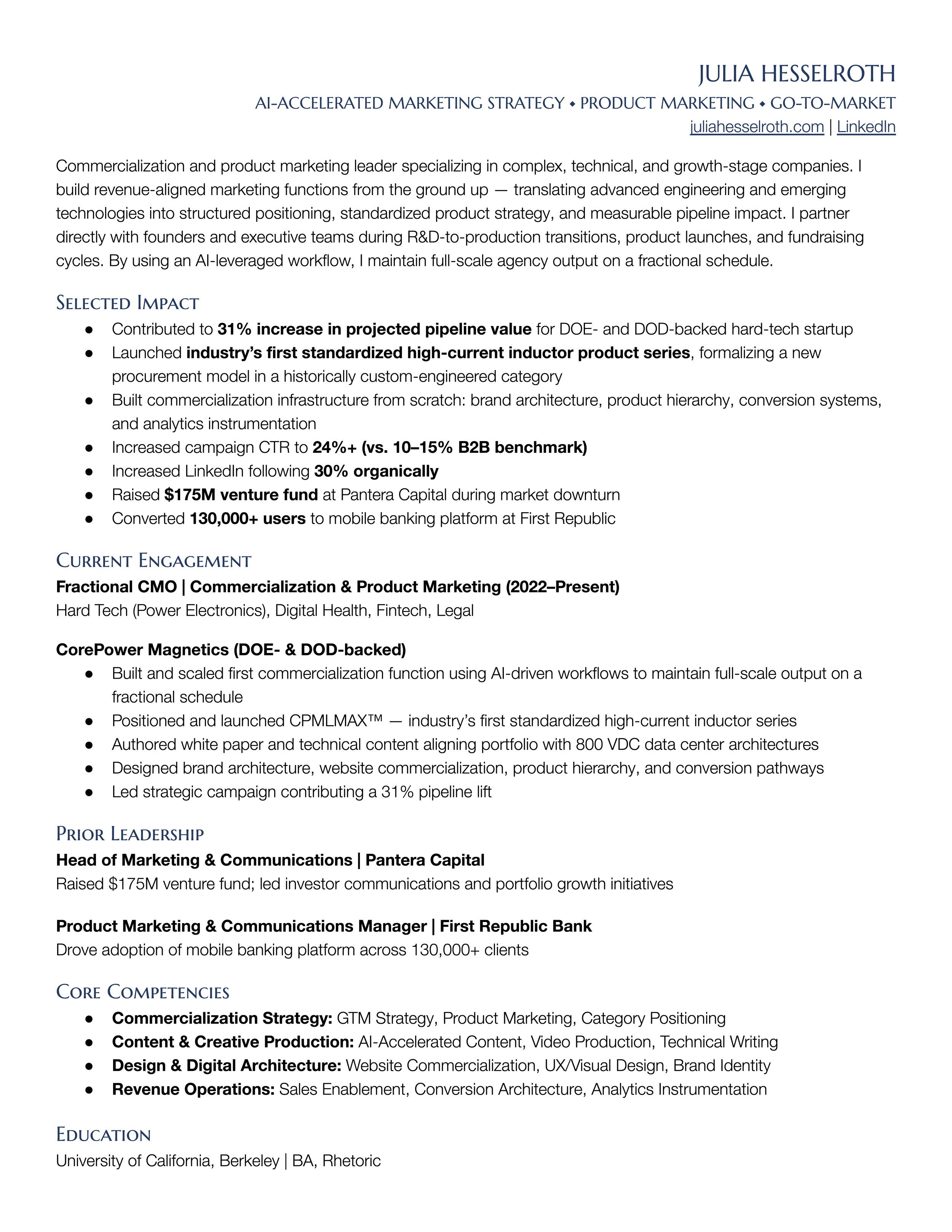 A resume for Julia Hesselroth, highlighting her marketing expertise, impact, current engagement, prior leadership, core competencies, and education. The text includes details on her contributions, roles, and skills.