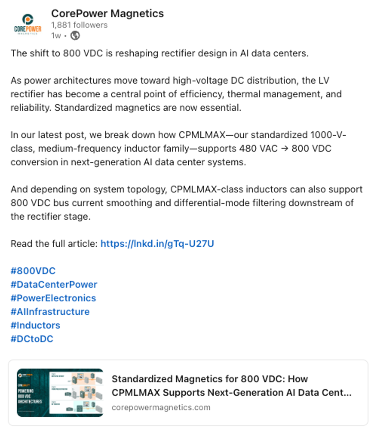 Screenshot of a Facebook post from CorePower Magnetics discussing the transition to 800 VDC in data centers, with a link to the full article and related hashtags. The post contains a thumbnail image of a data center magnetic product diagram.