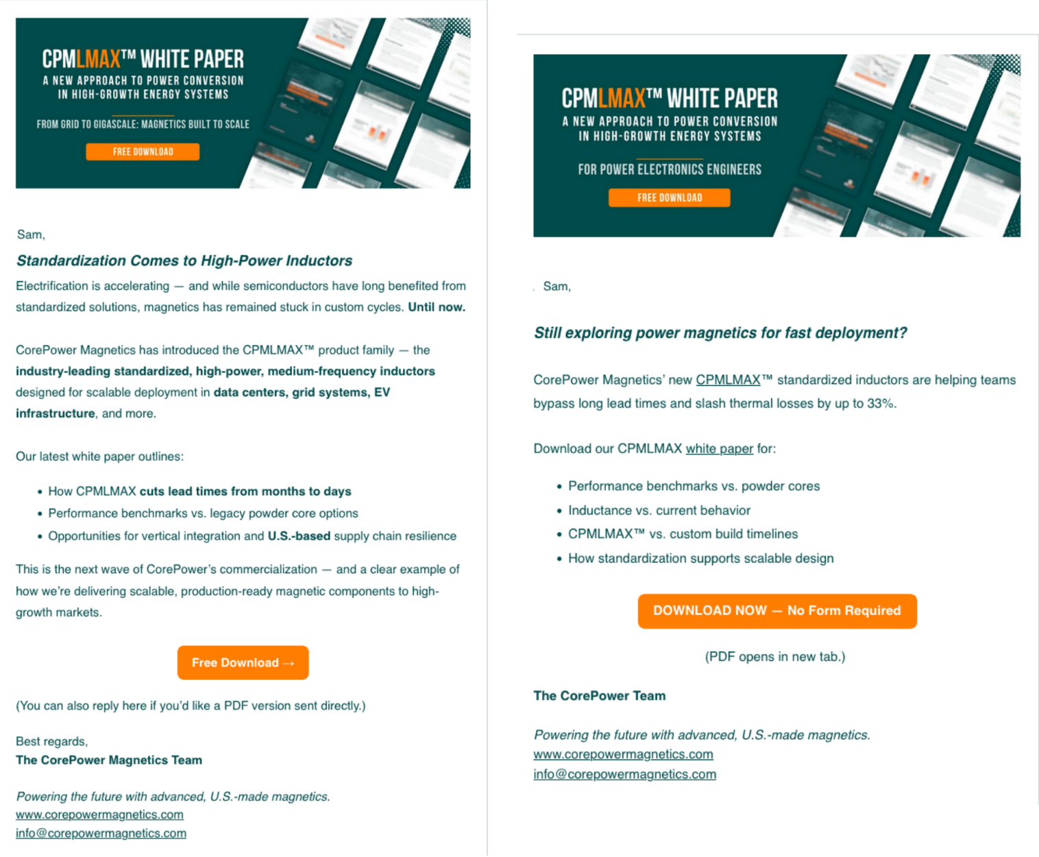 Two digital screenshots of white paper promotional pages for CPM LMAX™ from CorePower Magnetics, featuring product information, benefits, and download buttons.