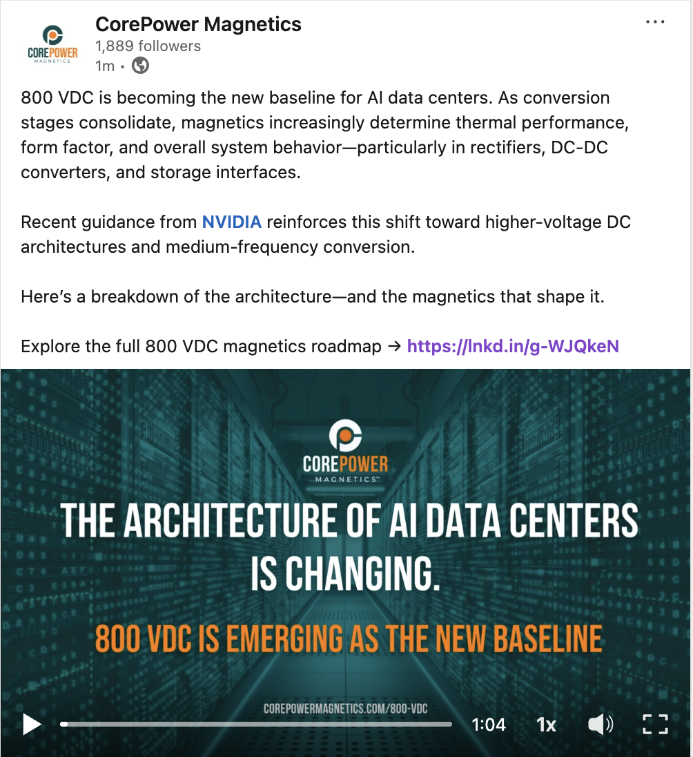 Screenshot of CorePower Magnetics social media post discussing the shift to 800 VDC as the new baseline for AI data centers, featuring a digital graphic of a data center with the text "The architecture of AI data centers is changing" and "800 VDC is emerging as the new baseline".
