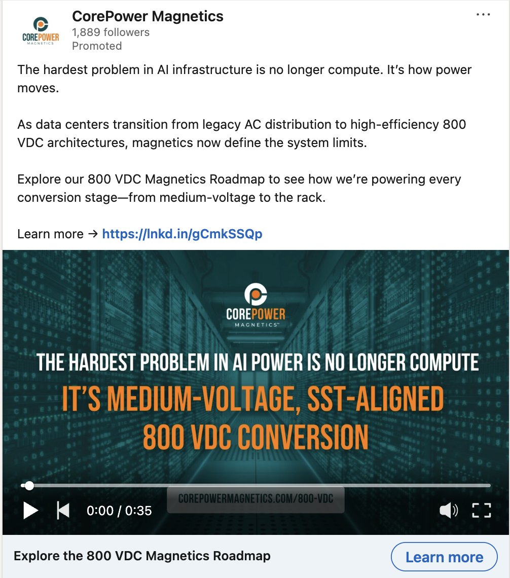 Promotional social media post by CorePower Magnetics about their 800 VDC magnetics product, featuring a digital background with binary code and highlighted text about medium-voltage, SST-aligned 800 VDC conversion.