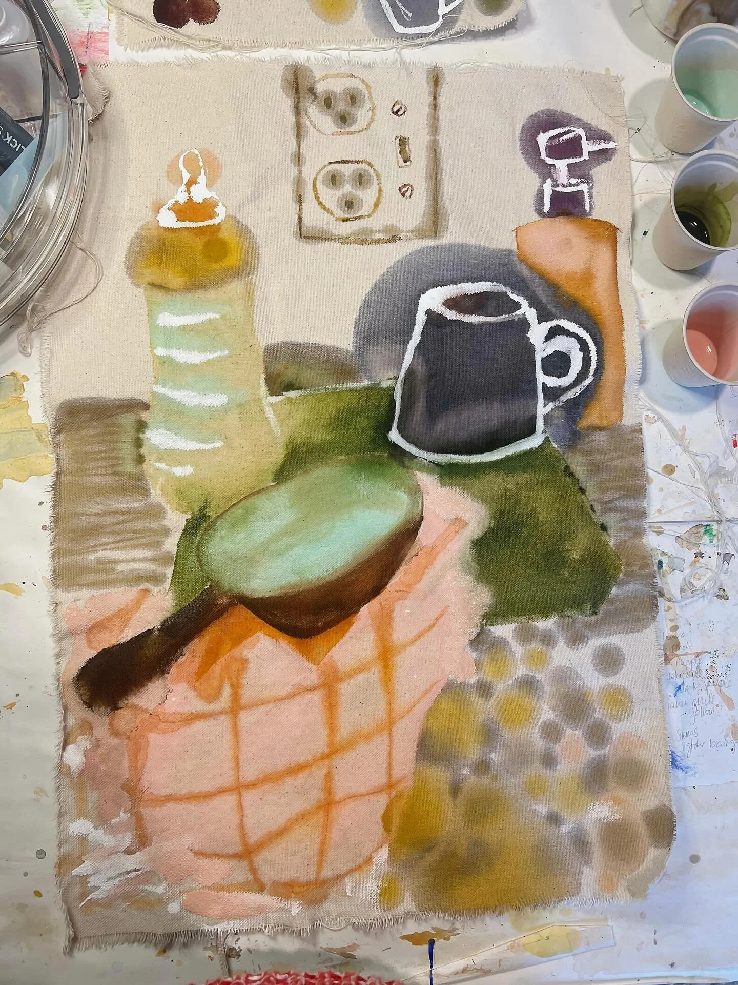 I woke up this morning with an urge to paint what I’m calling mom life still lifes 😆 - mundane everyday domestic moments with young children. I wanted this to be naive, abstracted and playful. Swipe for the inspiration photo from my kitchen th