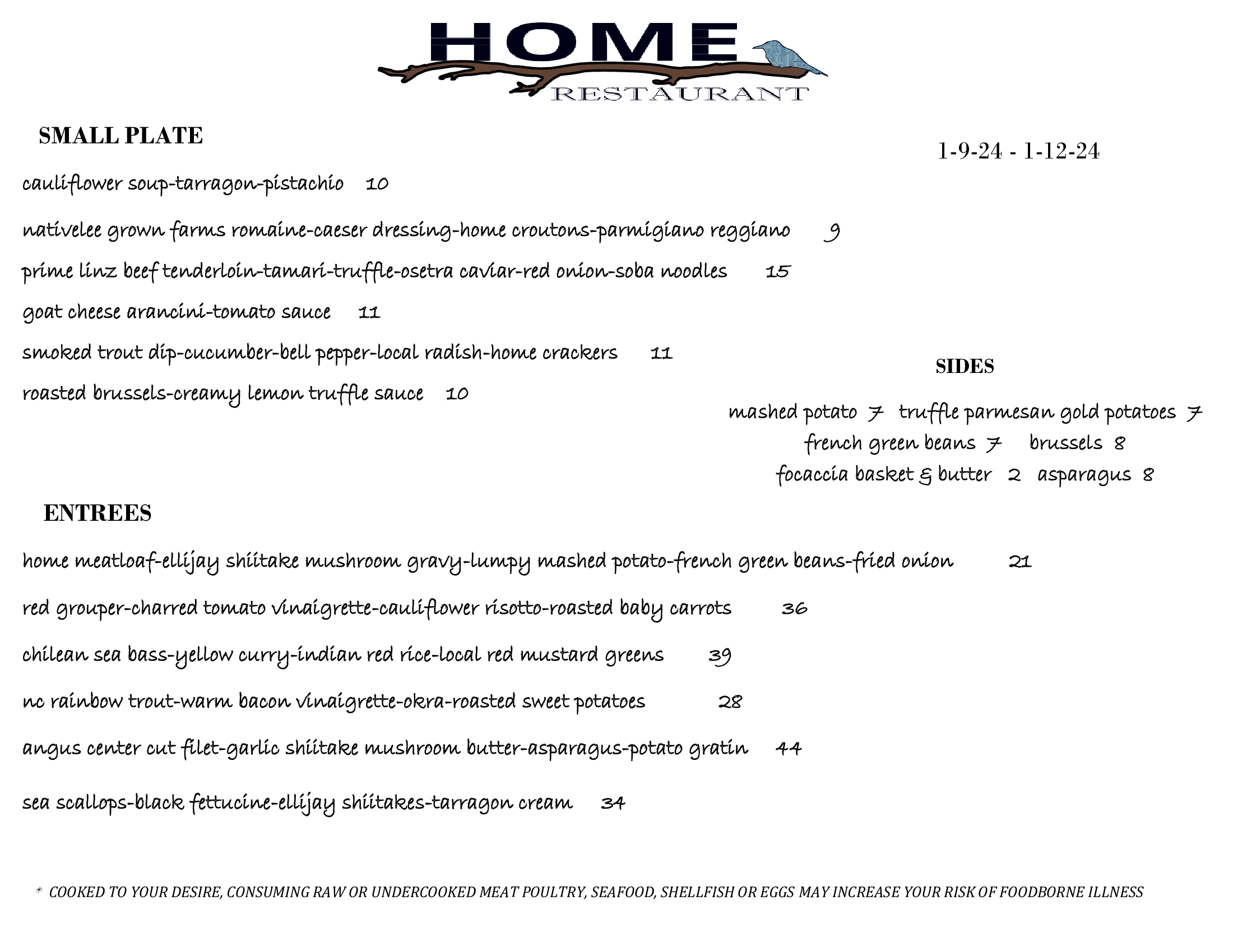 Homy Menu Menu 1 — Home Restaurant
