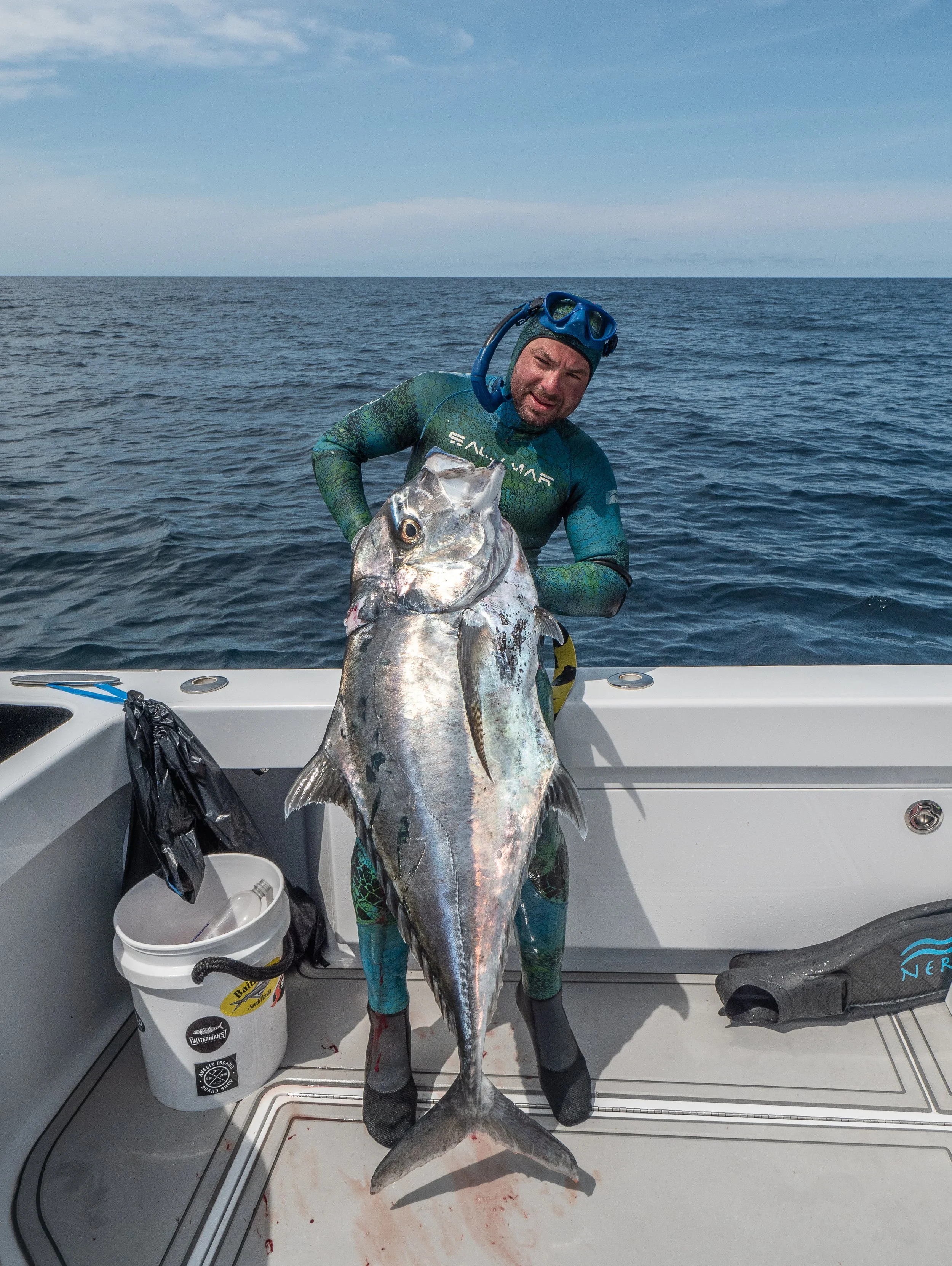 Man in wetsuit holding a large fish on a boat in the ocean