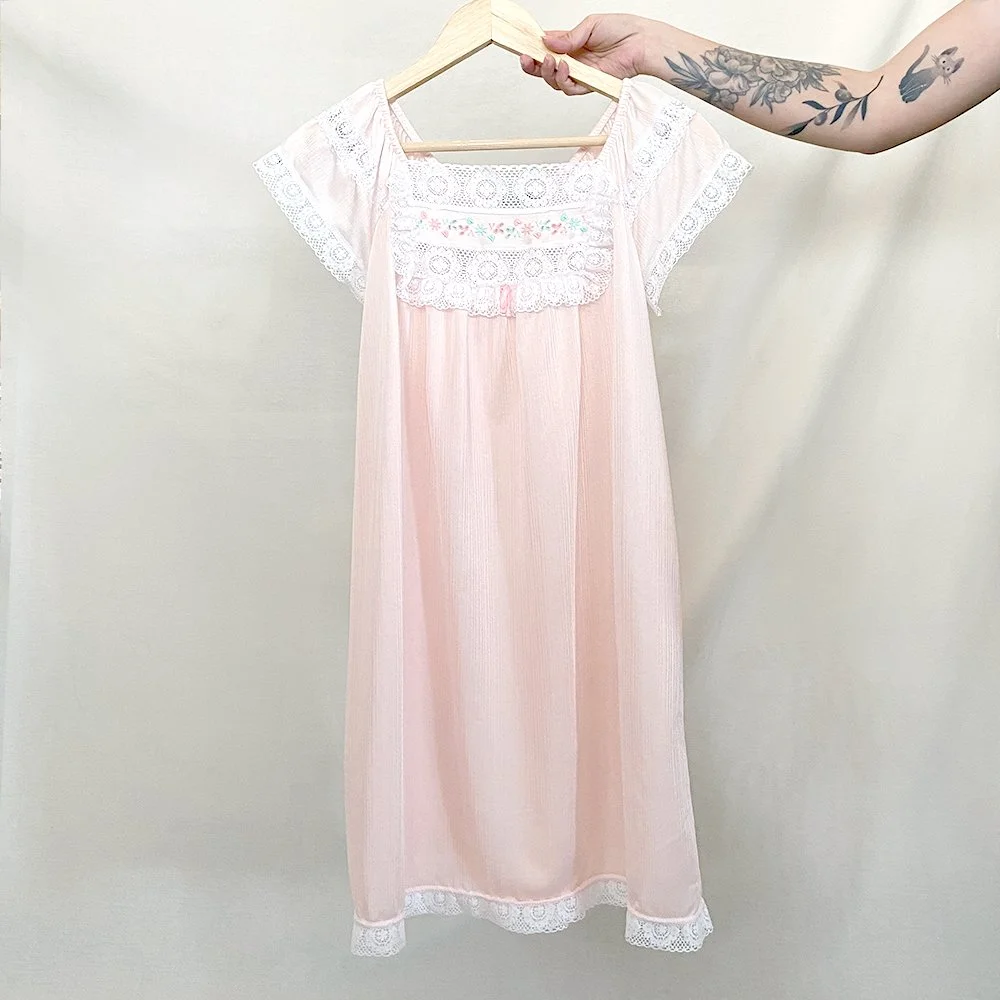 Lace Trim Embroidered Pink Night Gown  ceci cela vintage
