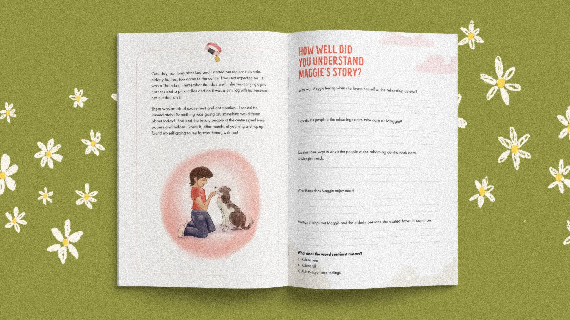Maggie May, MSPCA, SPCA, Malta, animal sanctuary, adoption story, activity book, illustration for children, children, nature, dog, animals, rehome, illustrator, malta, graphic designer, booklet, print design, branding, graphic design