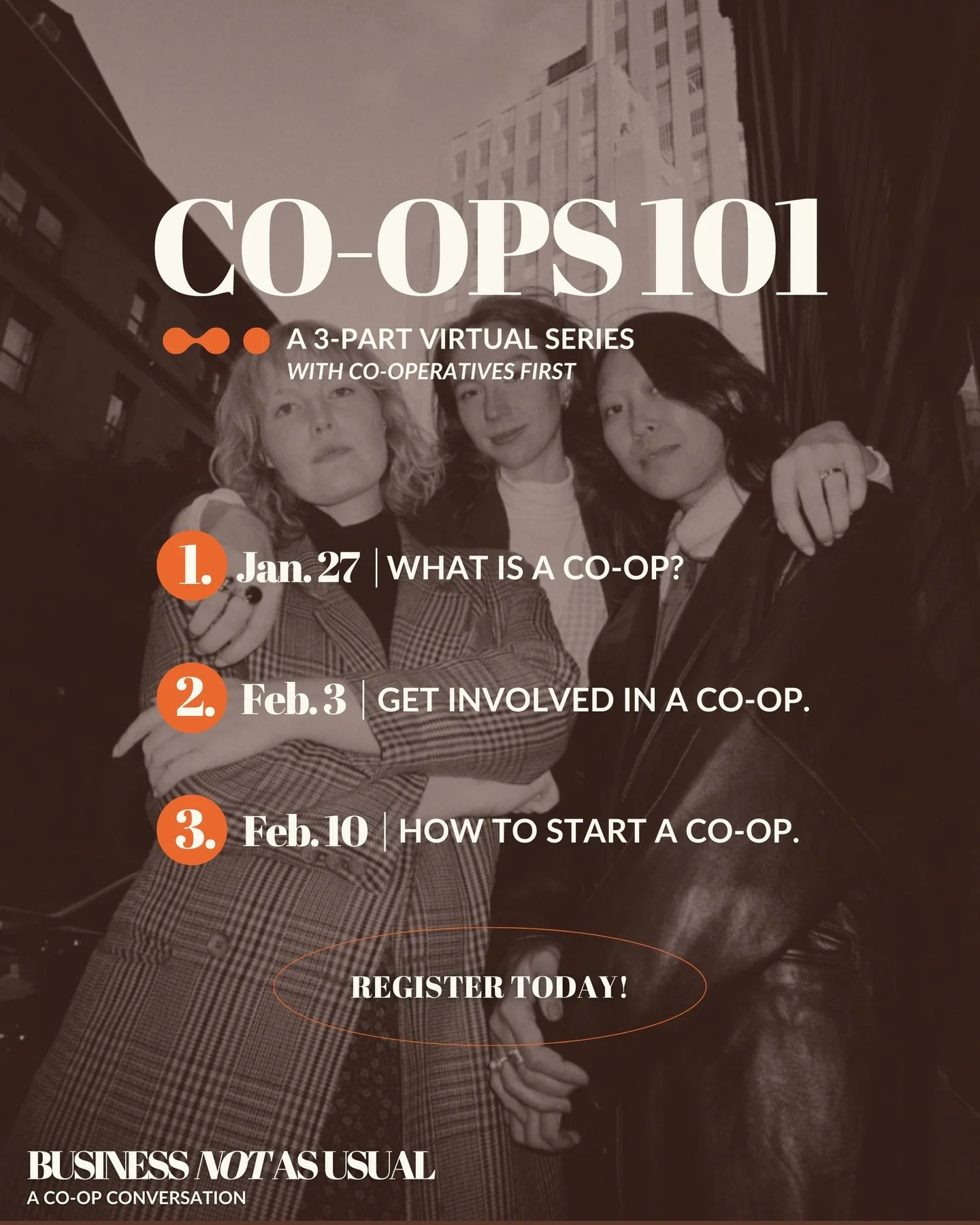 ✨ Free learning opportunity ✨
Co-ops 101 is a three-part virtual series hosted by @business.not.as.usual, featuring guest speakers from @cooperativesfirst!

📚Jan 27 | What is a co-op? | 12pm MT
📚Feb 3 | Get involved in a co-op. | 12pm MT
📚Feb 10 |