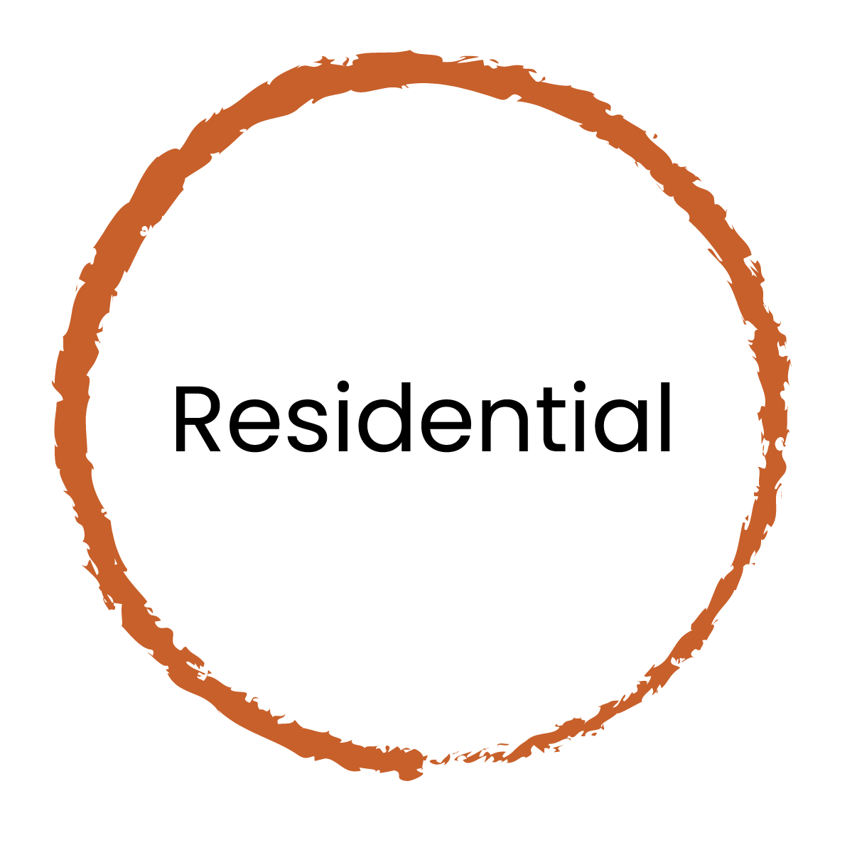 The word 'Residential' inside an orange circular brushstroke outline on a white background.