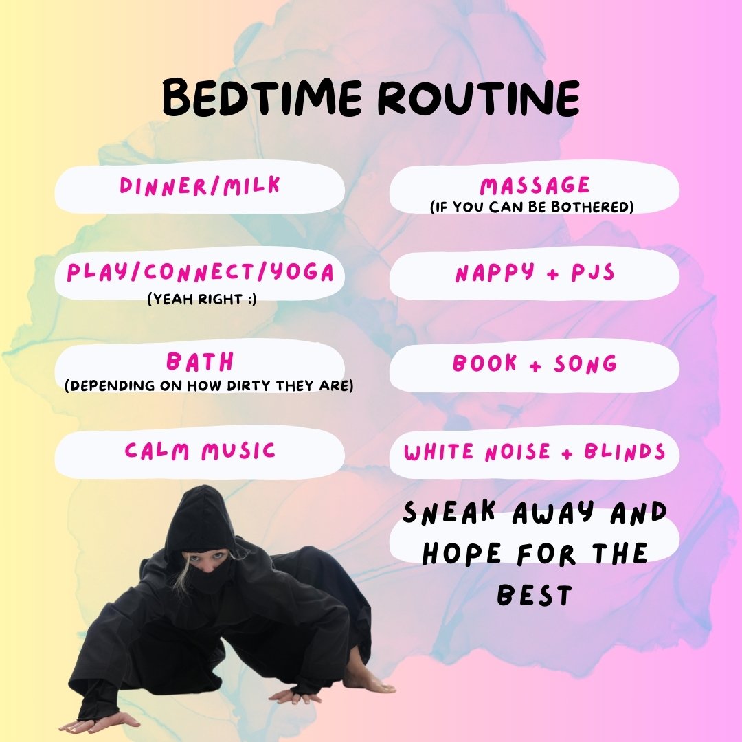 Save this for later ;) 

All jokes aside, ignore the comments in brackets and you've got yourself a decent bedtime routine.

Take away the bath/massages and fluff for naps and you're onto a winner.

#bedtimeroutine #babysleep #babysleeptips #sleeptip