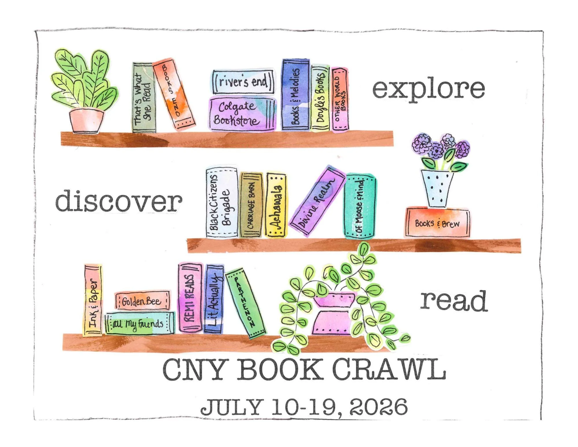 Illustrated poster for the CNY Book Crawl event with colorful books on shelves, plants, and text encouraging exploration, discovery, and reading from July 10-19, 2026.
