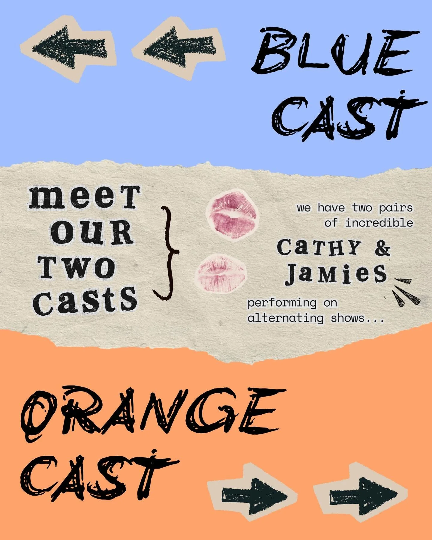DOUBLE THE LOVE 🫶

In our production of The Last Five Years, we&rsquo;re psyched to showcase two incredible Cathy &amp; Jamie pairings. 

Meet the Orange Cast (Logan McAlister and Rose Stretton) and the Blue Cast (Chris McRae and Grace Knell) - each