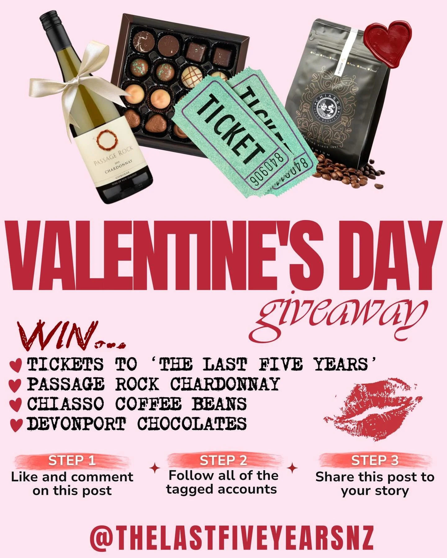 ❤️&zwj;🔥💌 VALENTINE&rsquo;S DAY GIVEAWAY 💋💘

To celebrate the countdown to opening night of &lsquo;The Last Five Years NZ&rsquo;, we&rsquo;ve teamed up with some of our favourite locals to spoil youuuuu 🫶

WE&rsquo;RE GIVING AWAY:
🍷 A beautiful