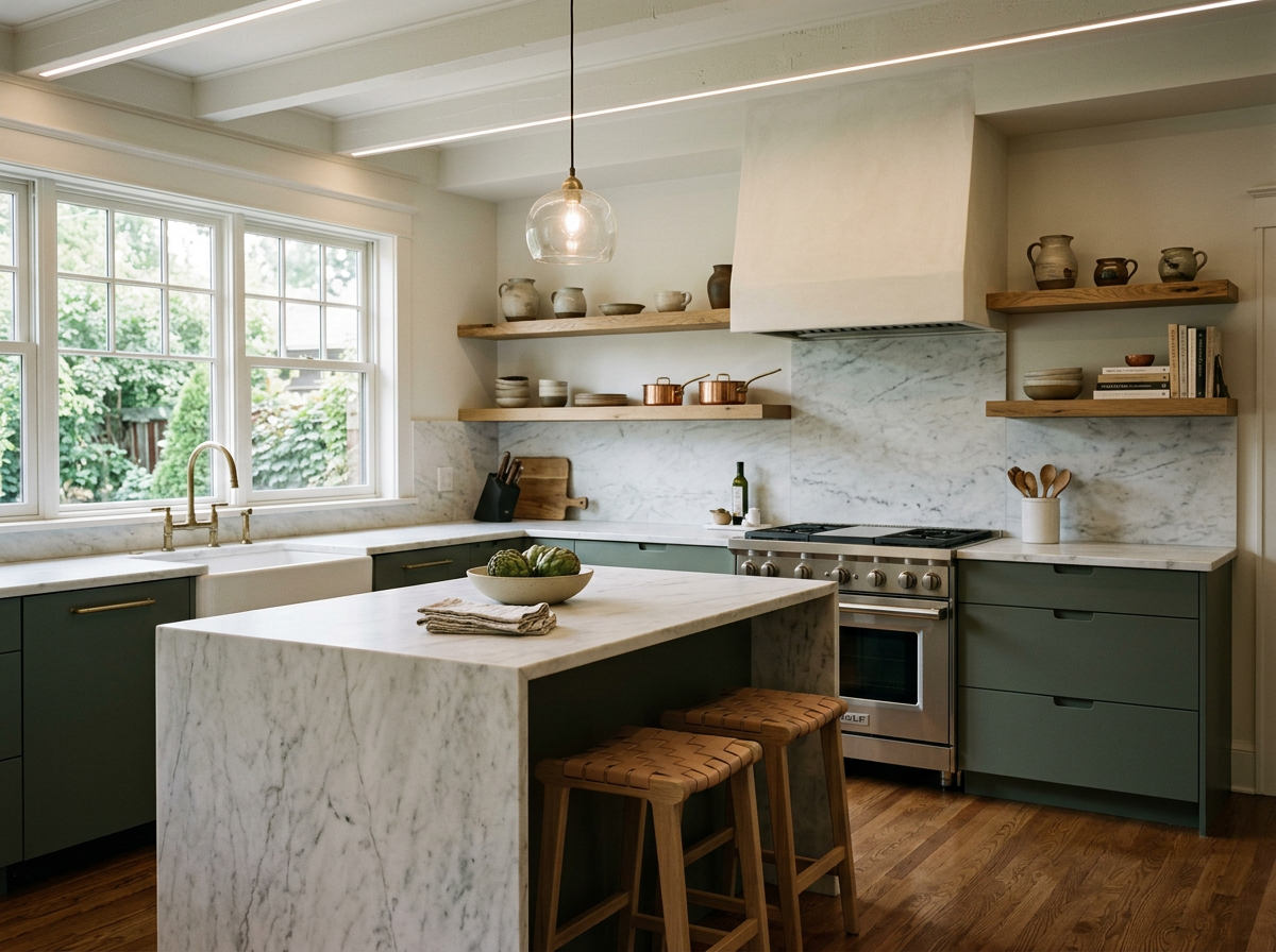 A modern kitchen with a white marble island, green cabinets, open wooden shelves with dishes and cookware, large window with a view of greenery, and a stainless steel stove.