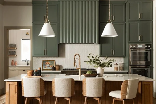 Modern kitchen with dark green cabinets, a white countertop island with beige barstools, pendant lights, and a gold faucet. Decor includes a white vase with greenery and picture frames.