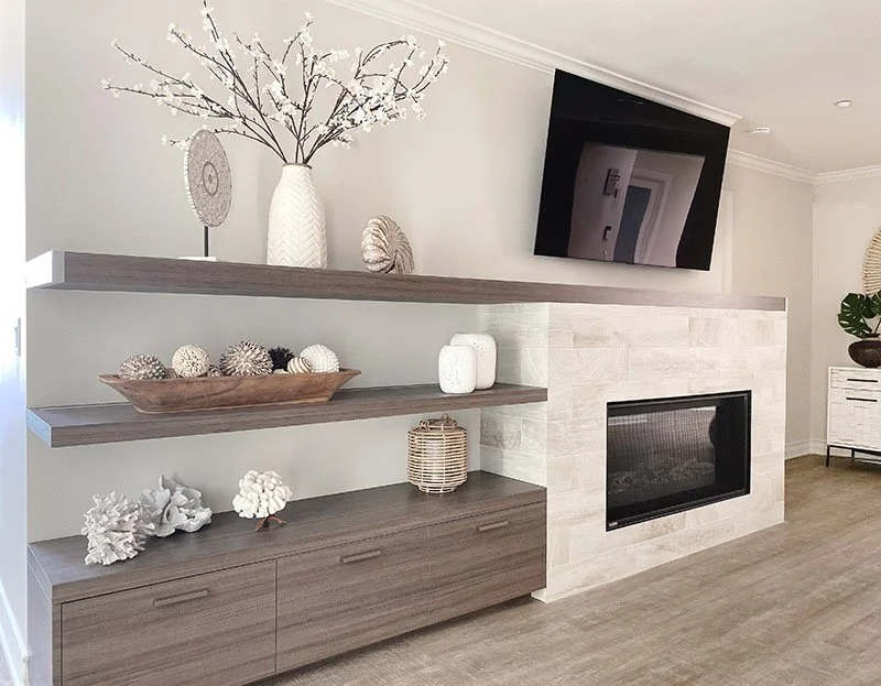 Modern Beach Style Built In Fireplace with Shelving