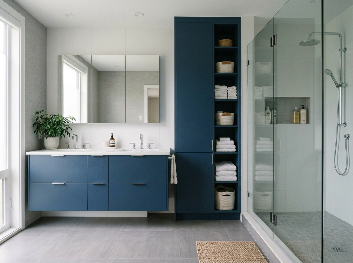 Modern bathroom with a double sink vanity, large mirror, and a glass-enclosed walk-in shower. Blue cabinets and open shelving with towels and baskets. Potted plant on the vanity, natural light from a window, neutral tile flooring.