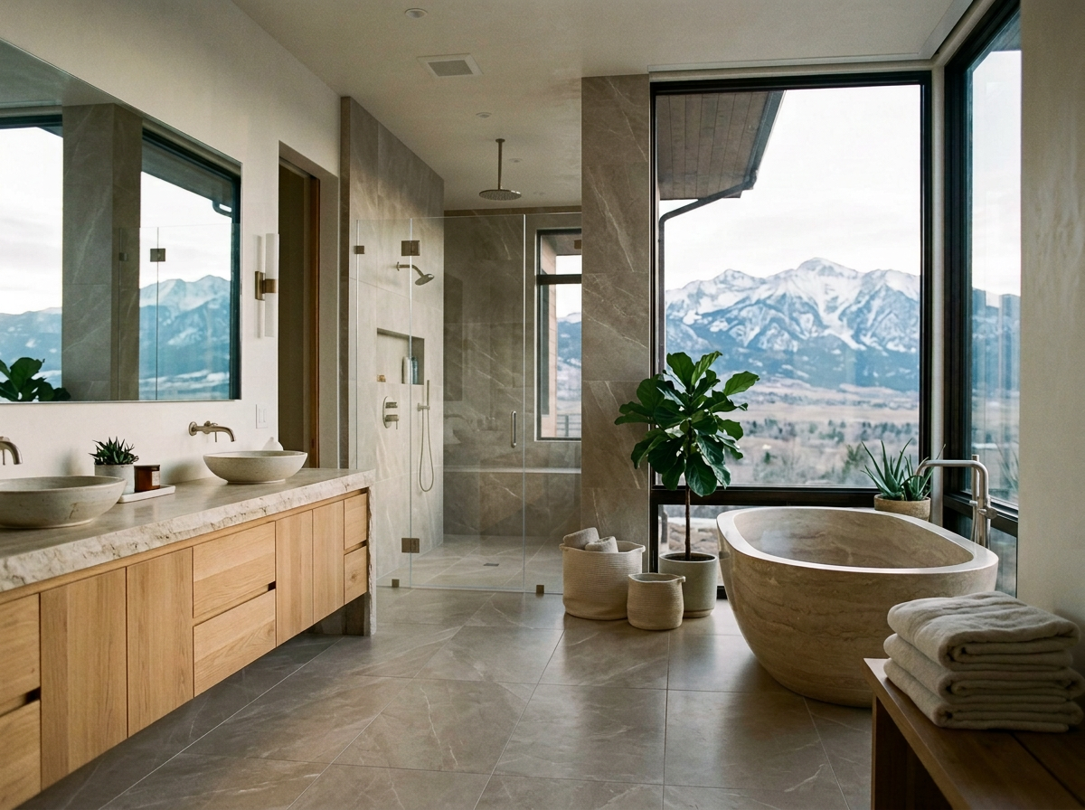 modern mountain home primary bathroom remodel