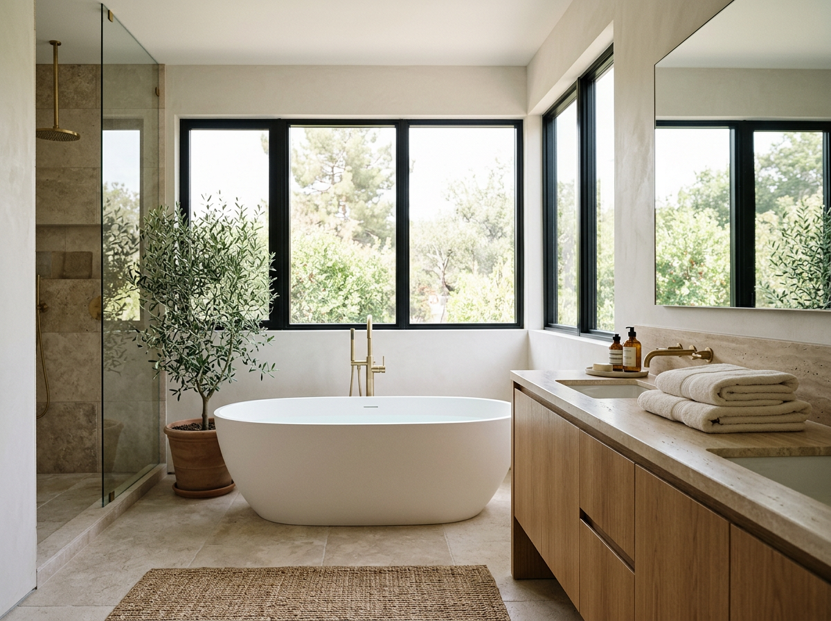 Modern bathroom with a freestanding bathtub, large windows showing greenery outside, a potted plant, a glass-enclosed shower, wooden vanity with folded towels and soap dispensers, and a large mirror.