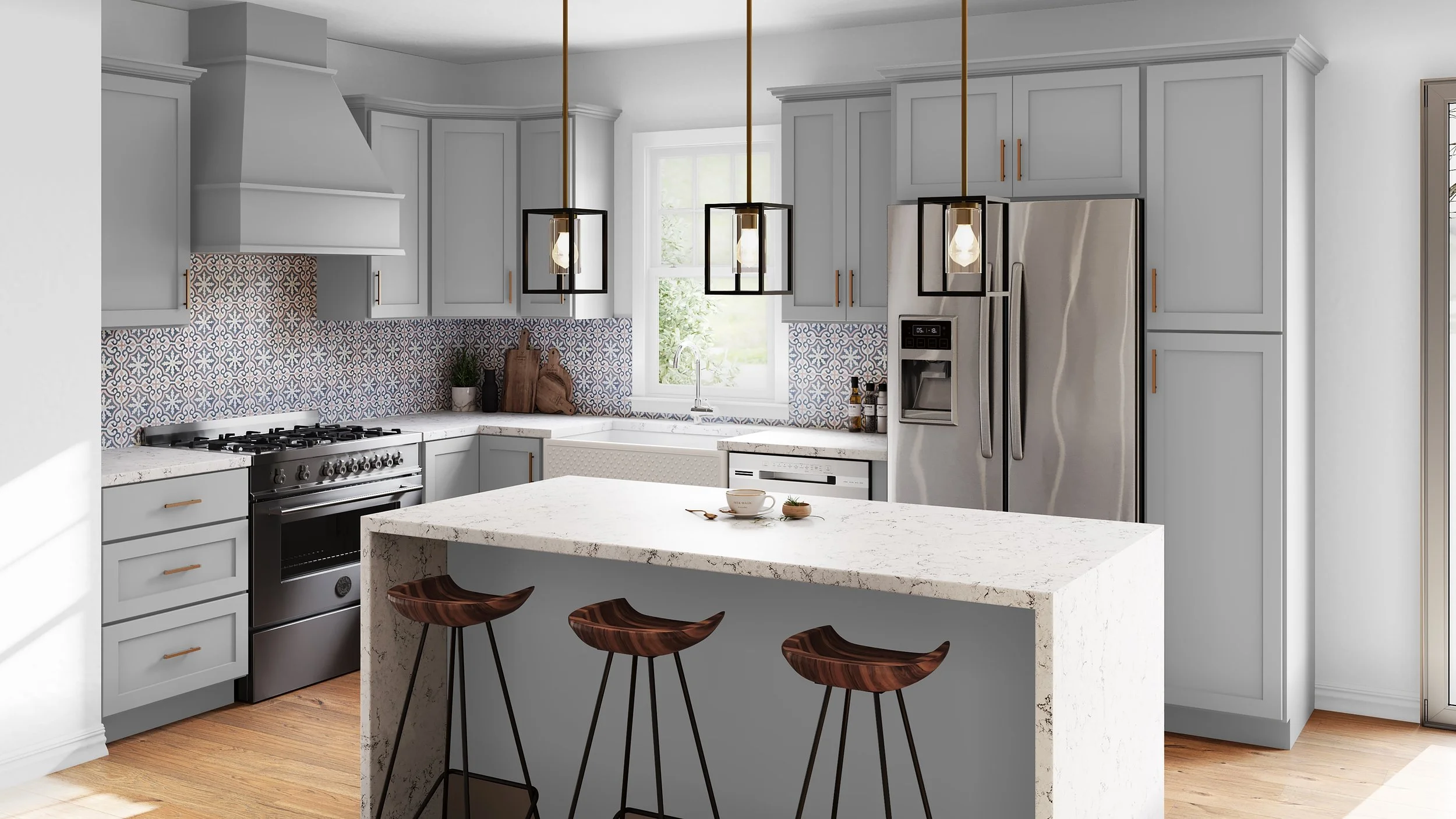 Modern kitchen with white cabinetry, marble countertops, stainless steel oven, patterned backsplash, island with three wooden bar stools, pendant lighting, and a large window.