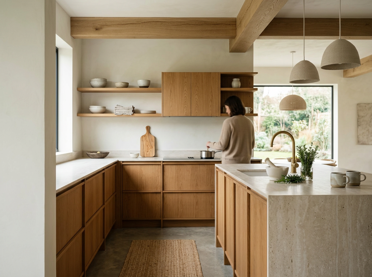 A woman preparing food in a modern kitchen with wooden cabinets, open shelves with bowls, a large window letting in natural light, and a kitchen island with a sink and decorative items.