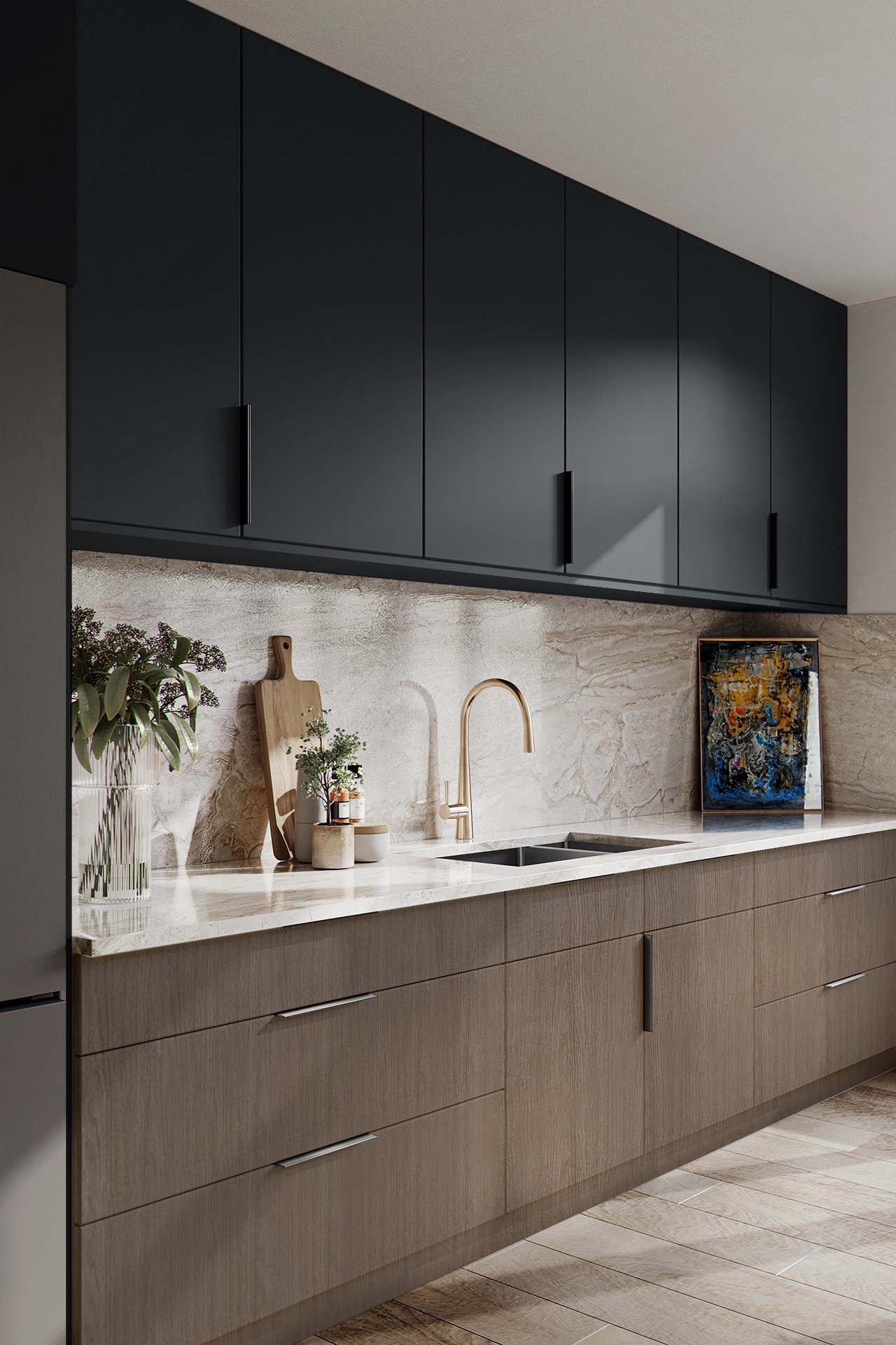 Modern Black and Wood Cabinetry