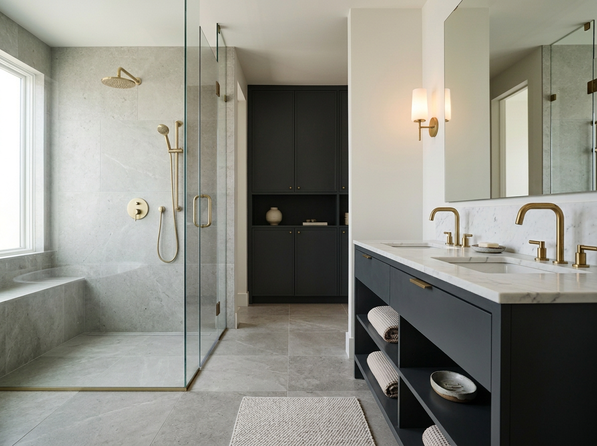 modern charcoal cabinetry and walk in shower with built in cabinets