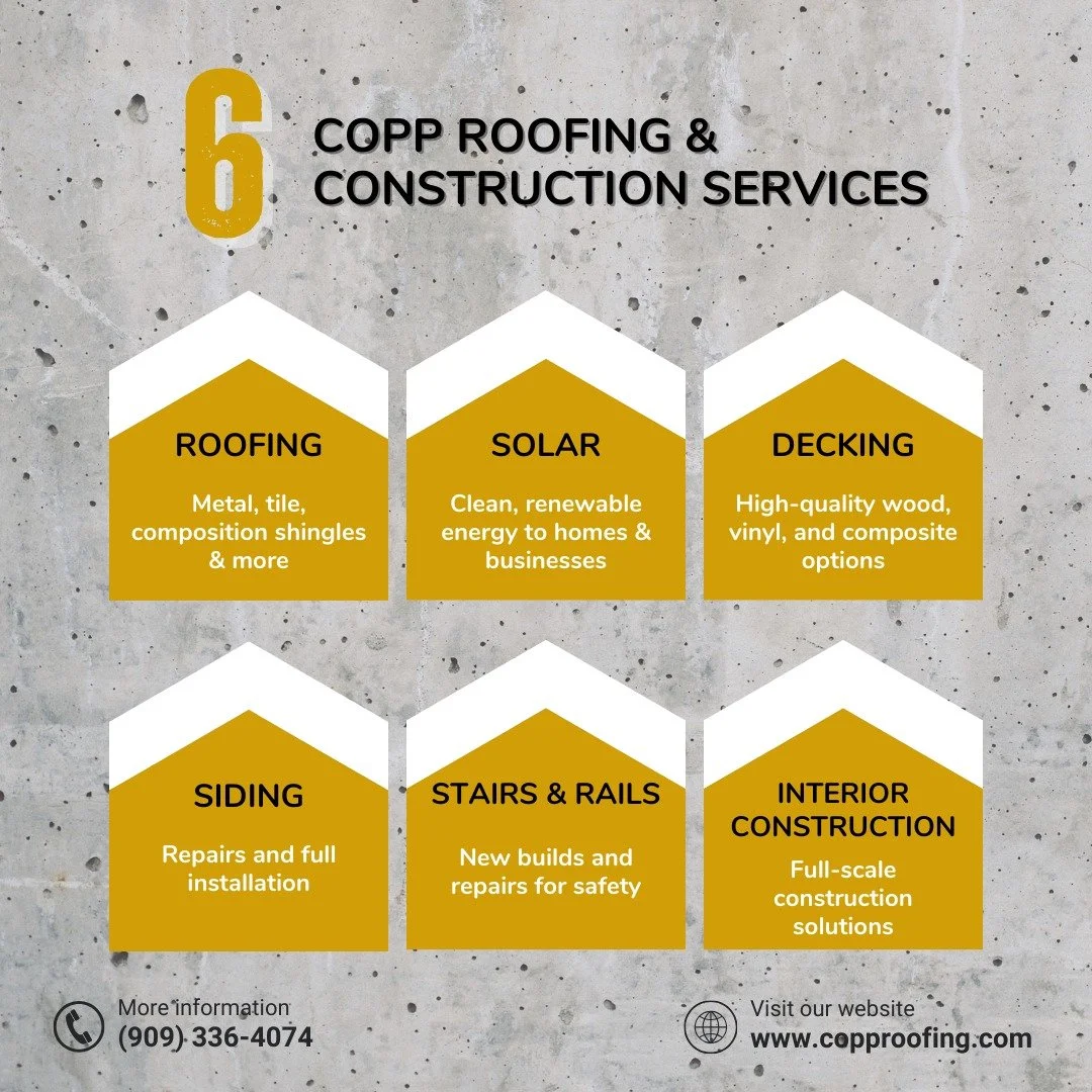 Transform your space from top to bottom with Copp Roofing &amp; Construction! Whether it's upgrading with solar panels, crafting custom decks, enhancing exteriors with new siding, building sturdy stairs and rails, or revamping your interiors, we have