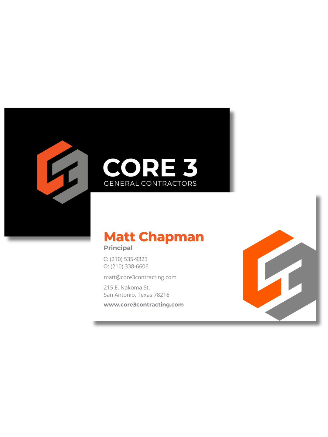 Professional business card redesign and branded collateral for Core 3 Contractors