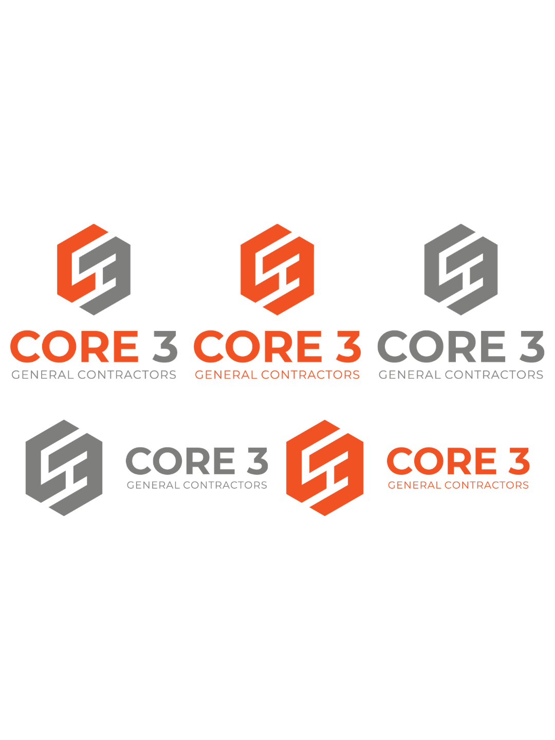 Final construction company logo variations and brand identity system for Core 3 Contracting