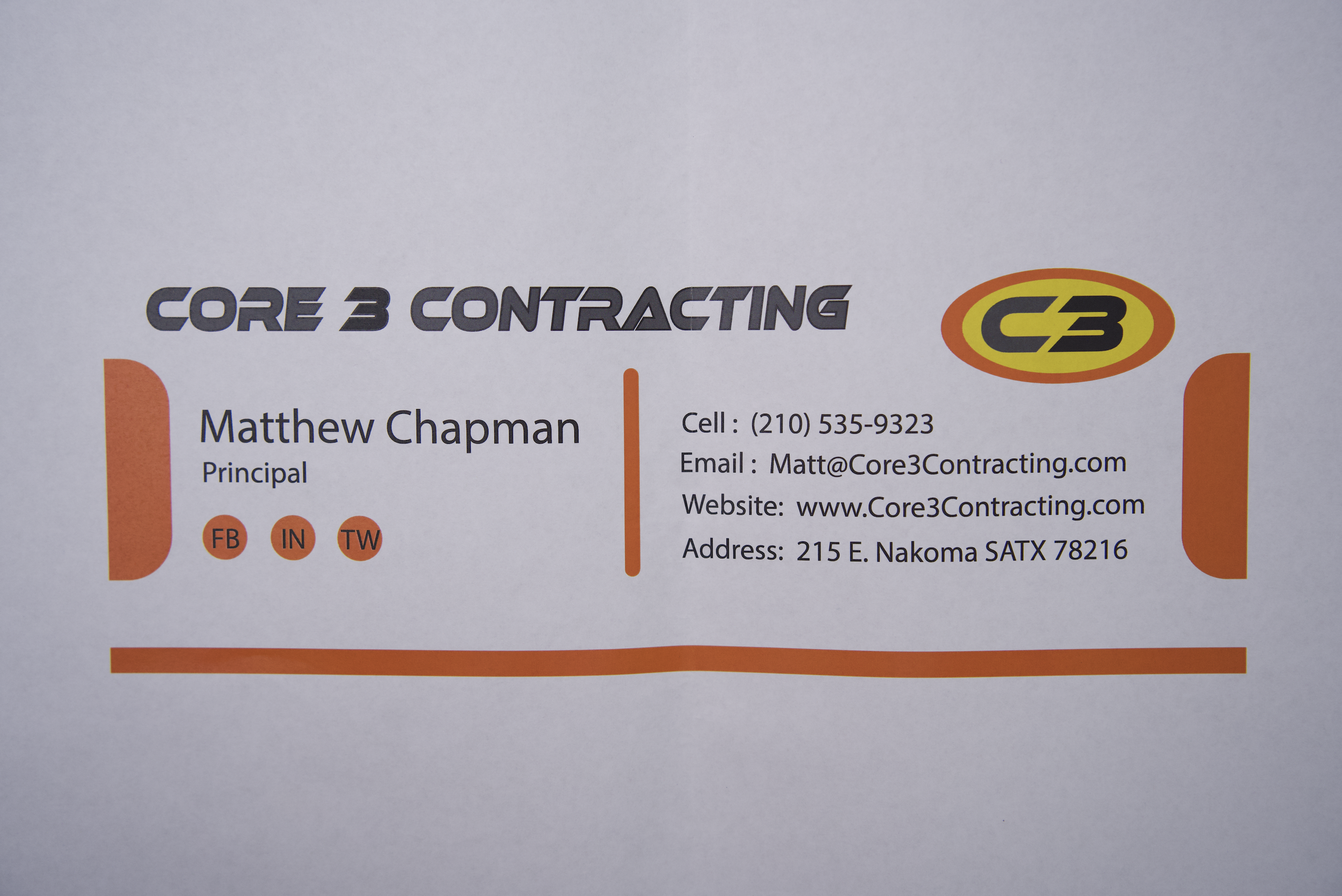 Original business card design for Core 3 Contracting before rebranding by 2ten Marketing