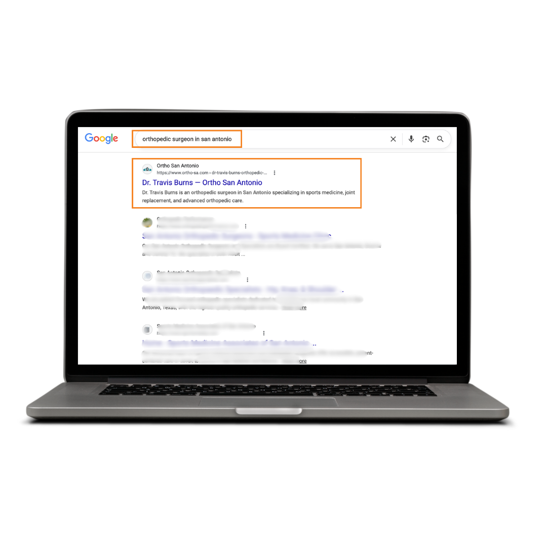 Example of orthopedic surgeon appearing in Google search results for San Antonio