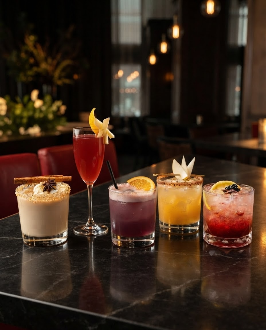 Five colorful craft cocktails garnished with citrus, flowers, spices, and fruit on a bar counter